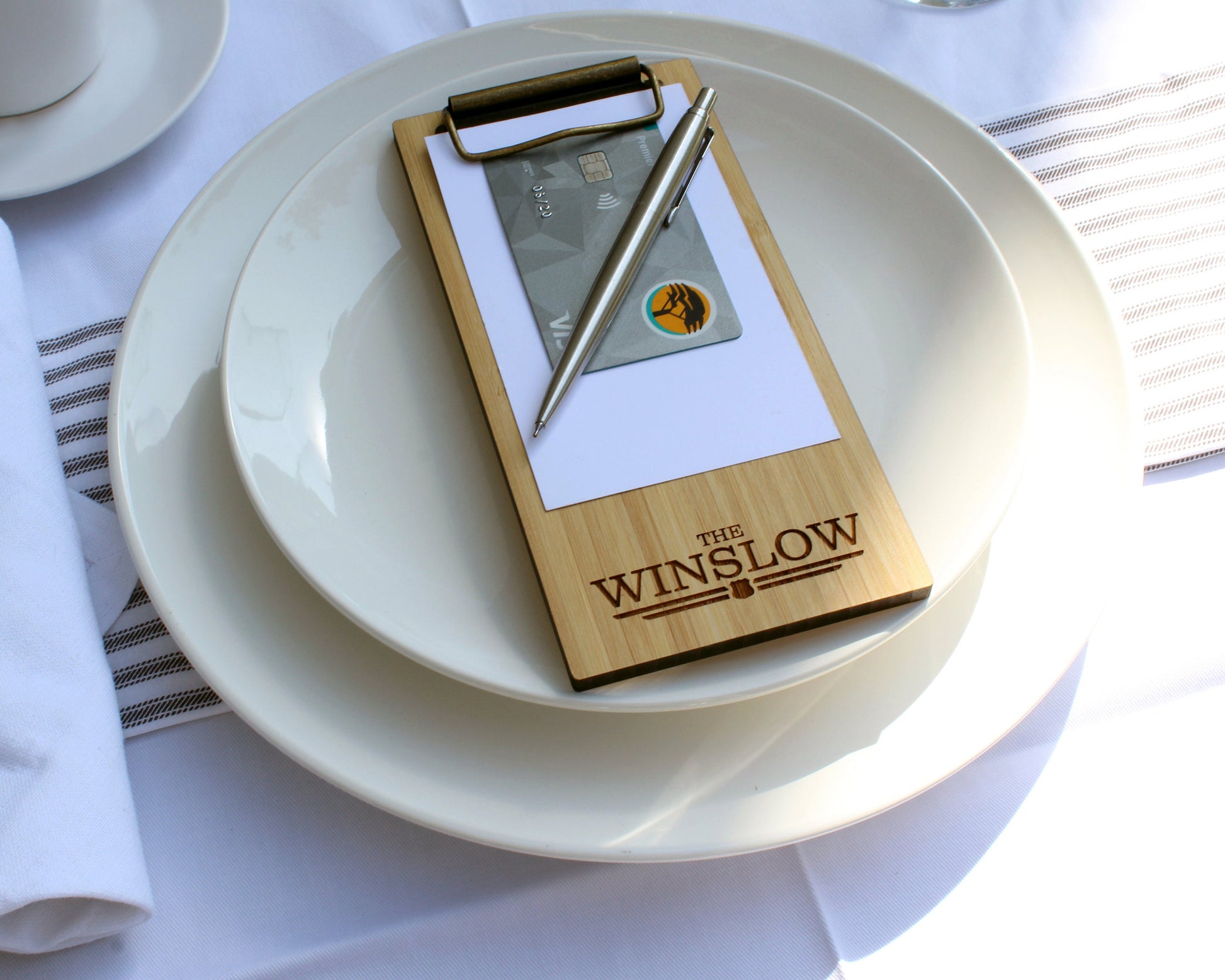 Engraved bamboo guest check holder for restaurant or cafe