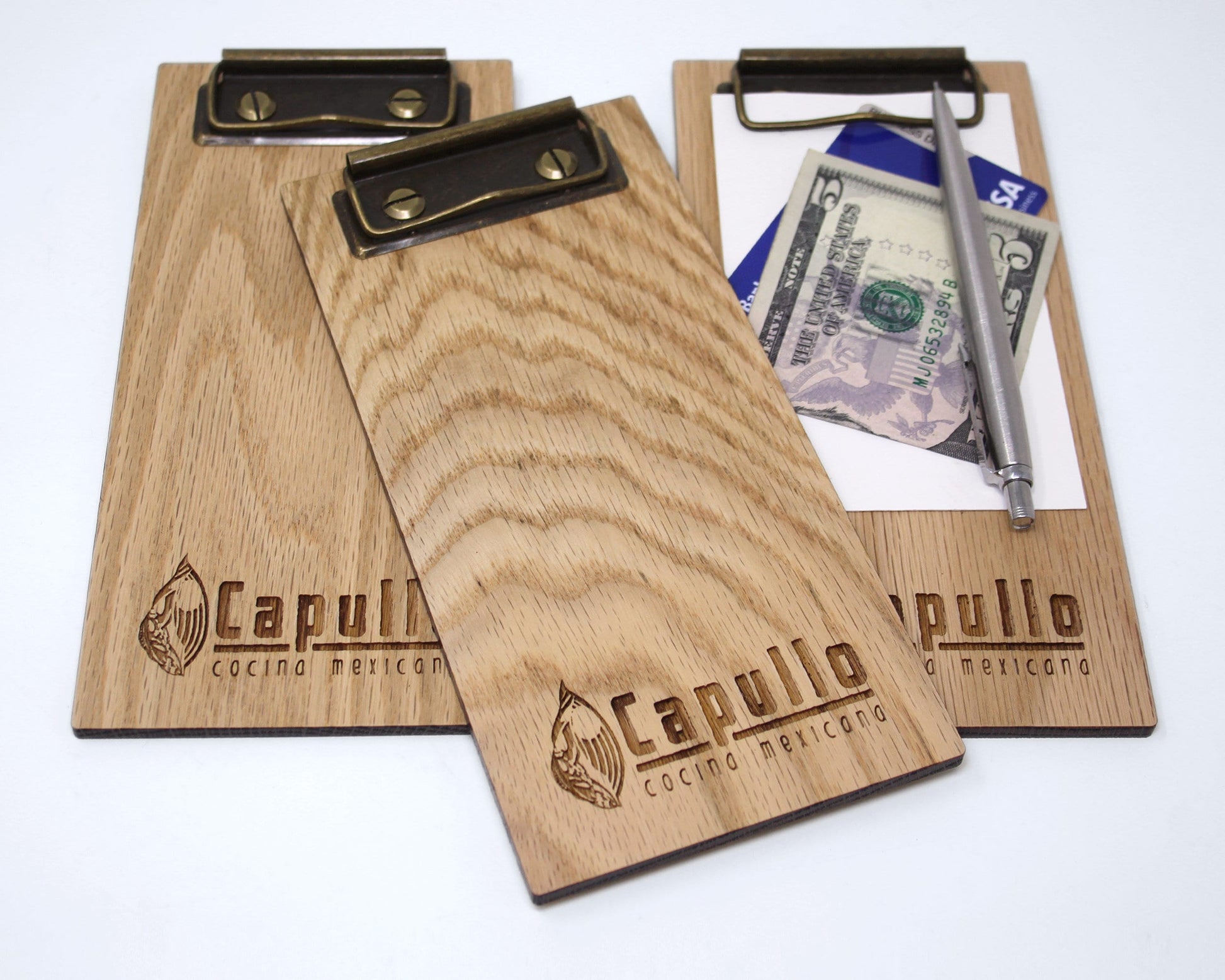 Engraved oak guest check clipboard for servers