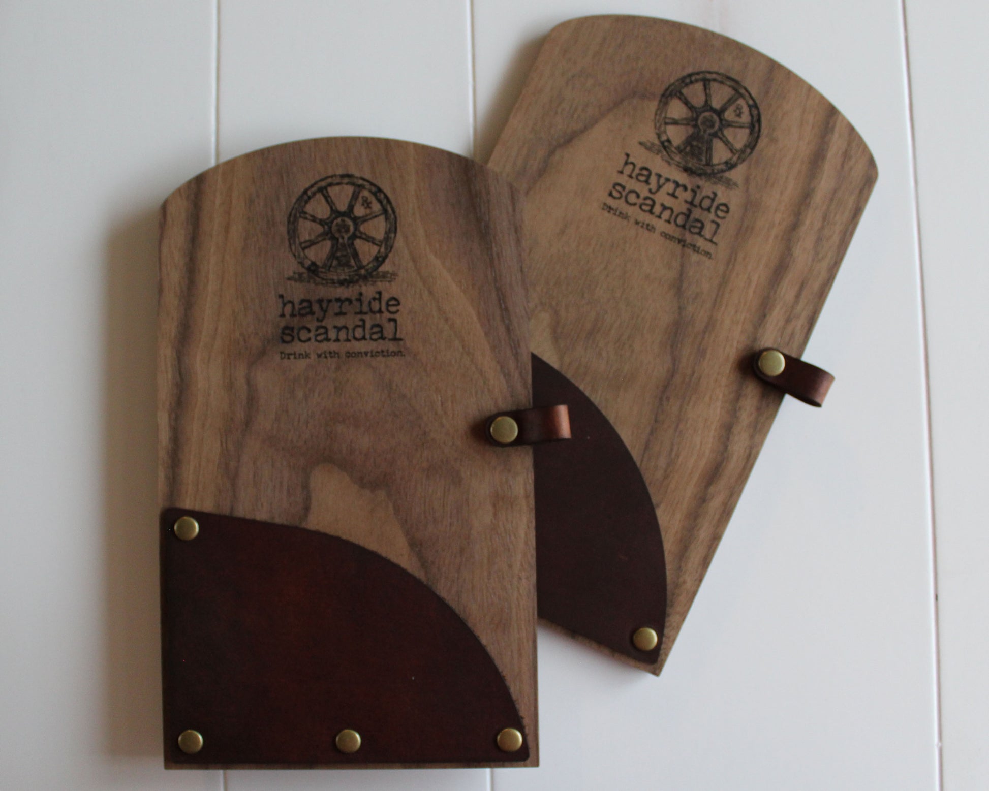Custom engraved walnut wood bill holder with logo