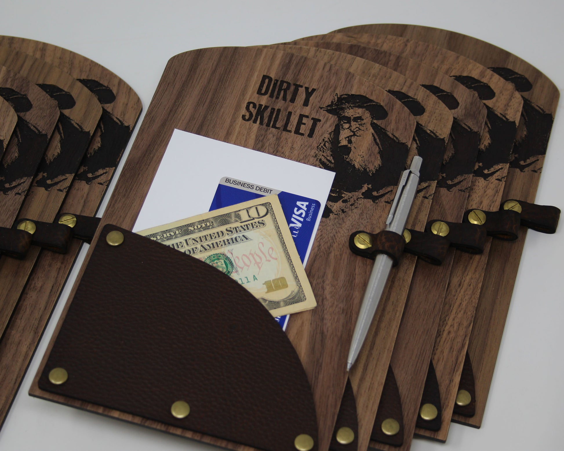 Handcrafted walnut check presenter with leather pocket and custom engraving