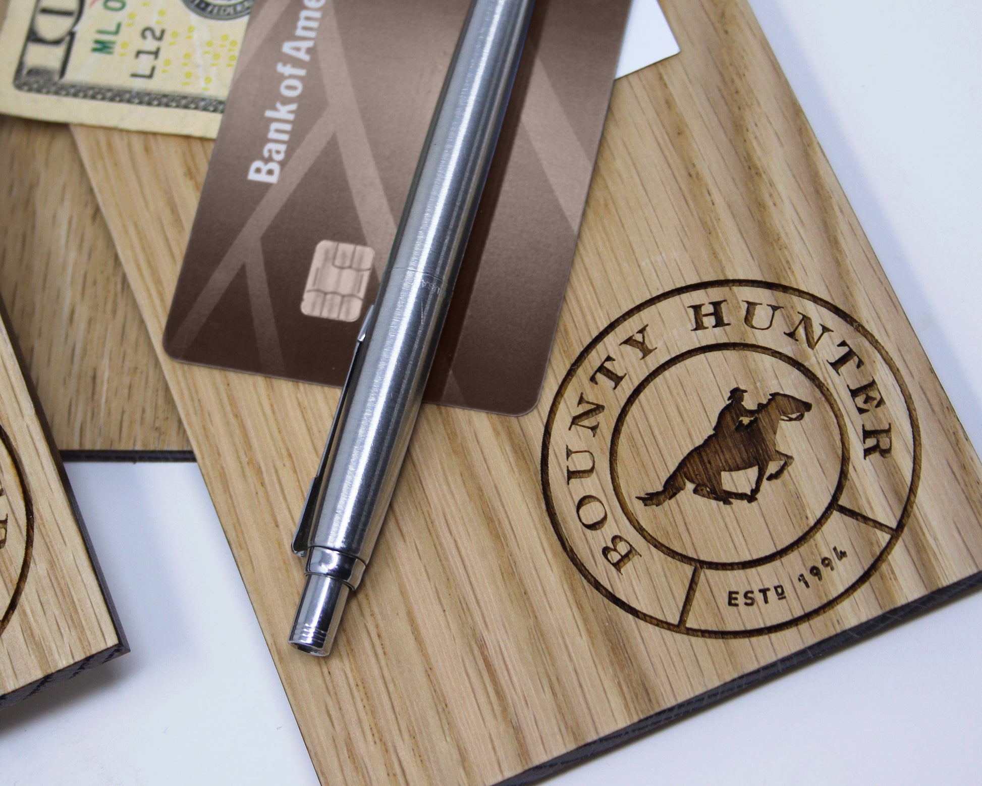 Rustic oak check presenter with custom logo engraving