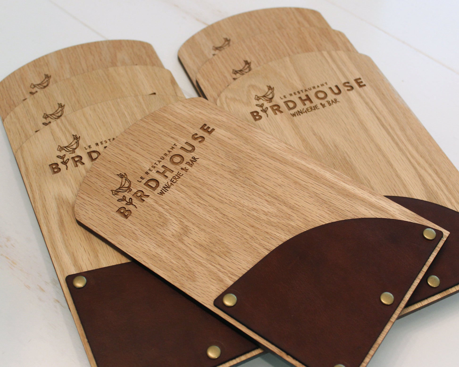 Oak wood guest check presenter with brass rivets no pen loop