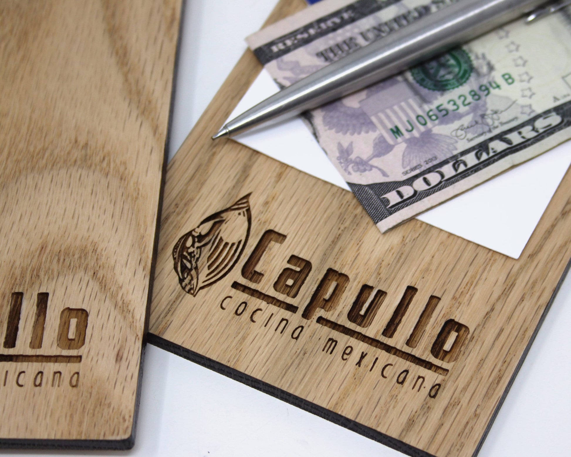 Rustic oak check presenter with custom logo engraving