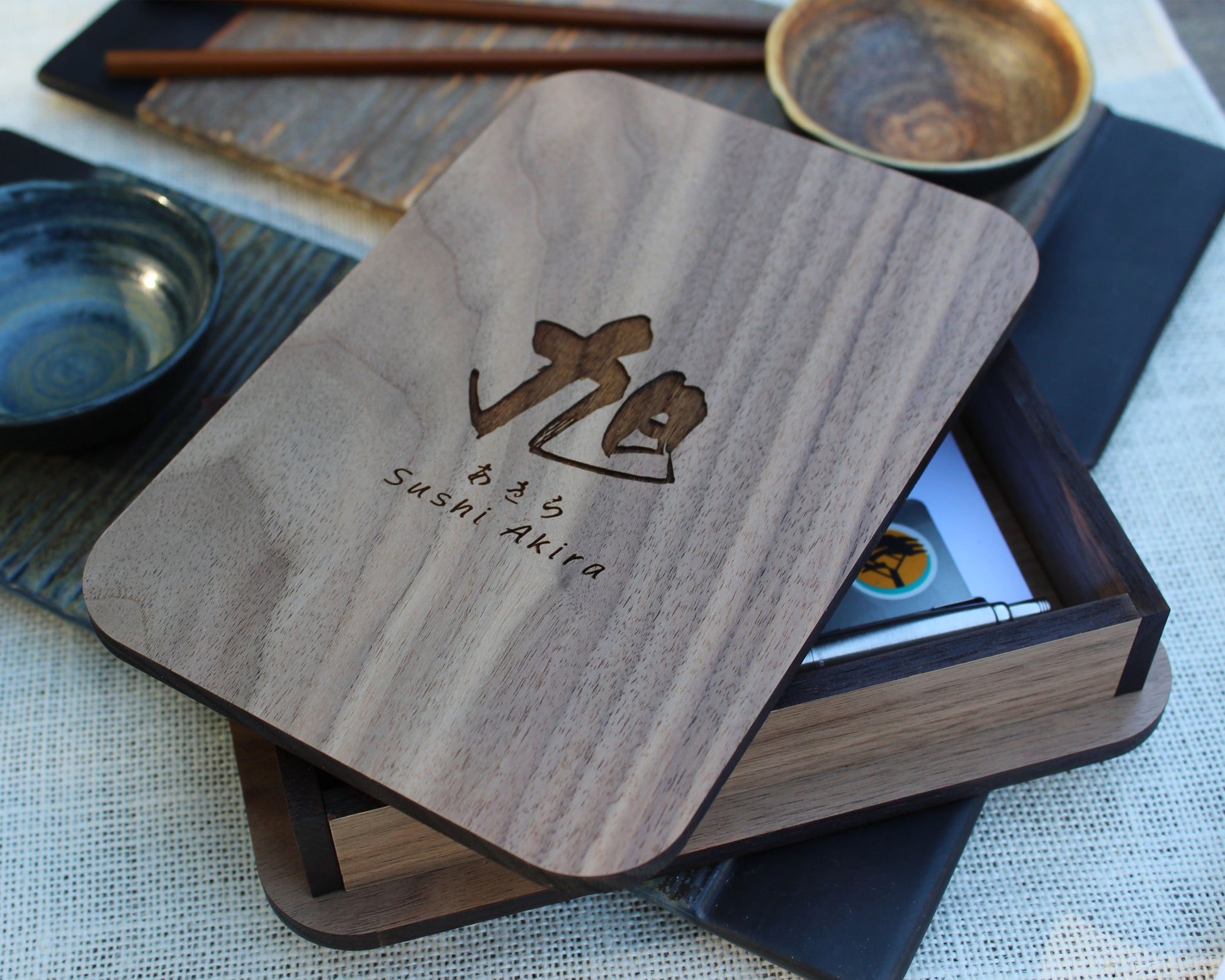 Restaurant tip box made from solid walnut wood