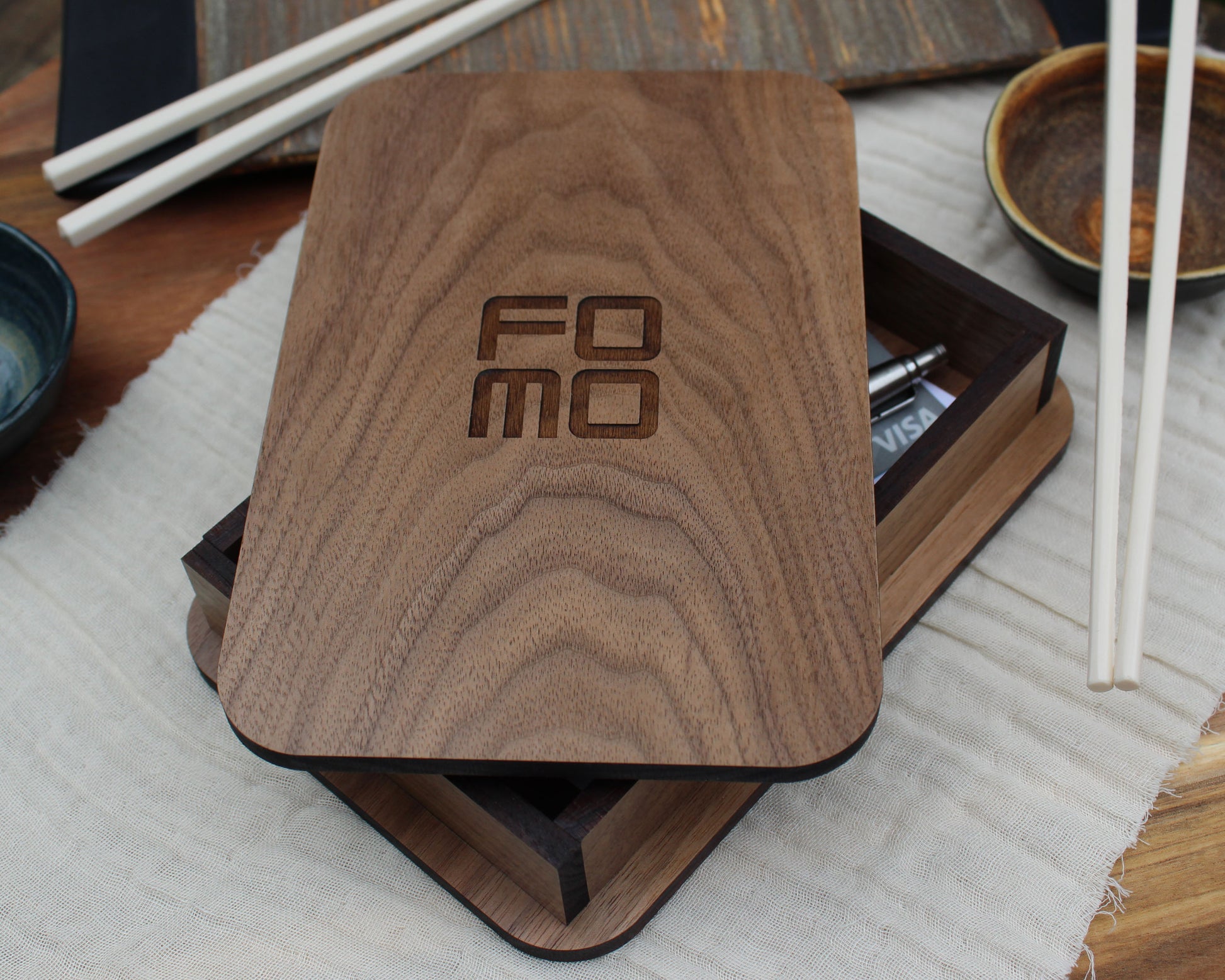 Custom engraved walnut check presenter box with lid