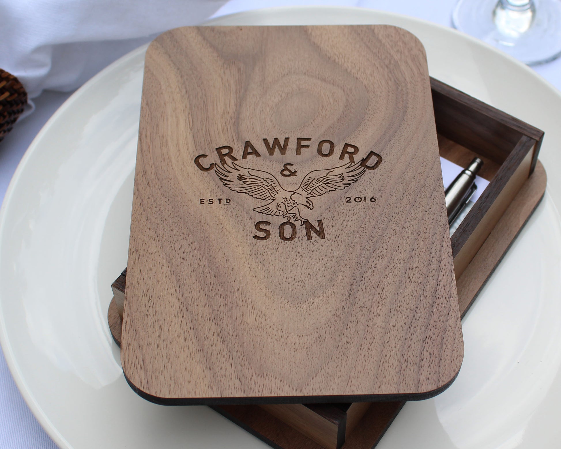 Restaurant bill box made from solid walnut wood