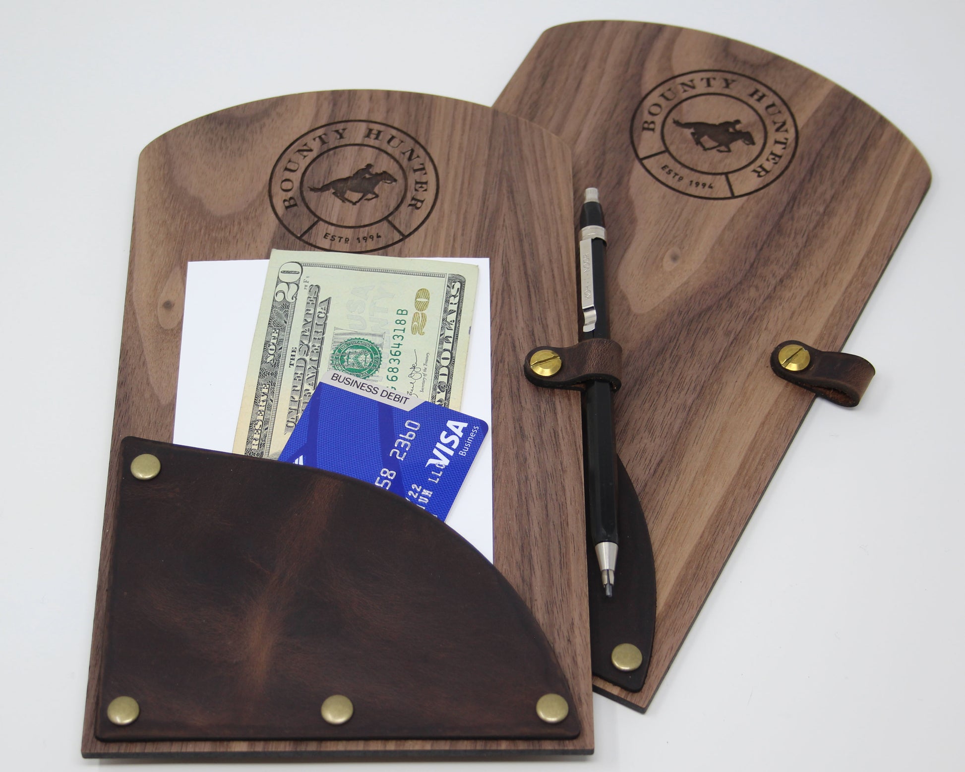 Walnut check presenter with leather pouch and custom engraving