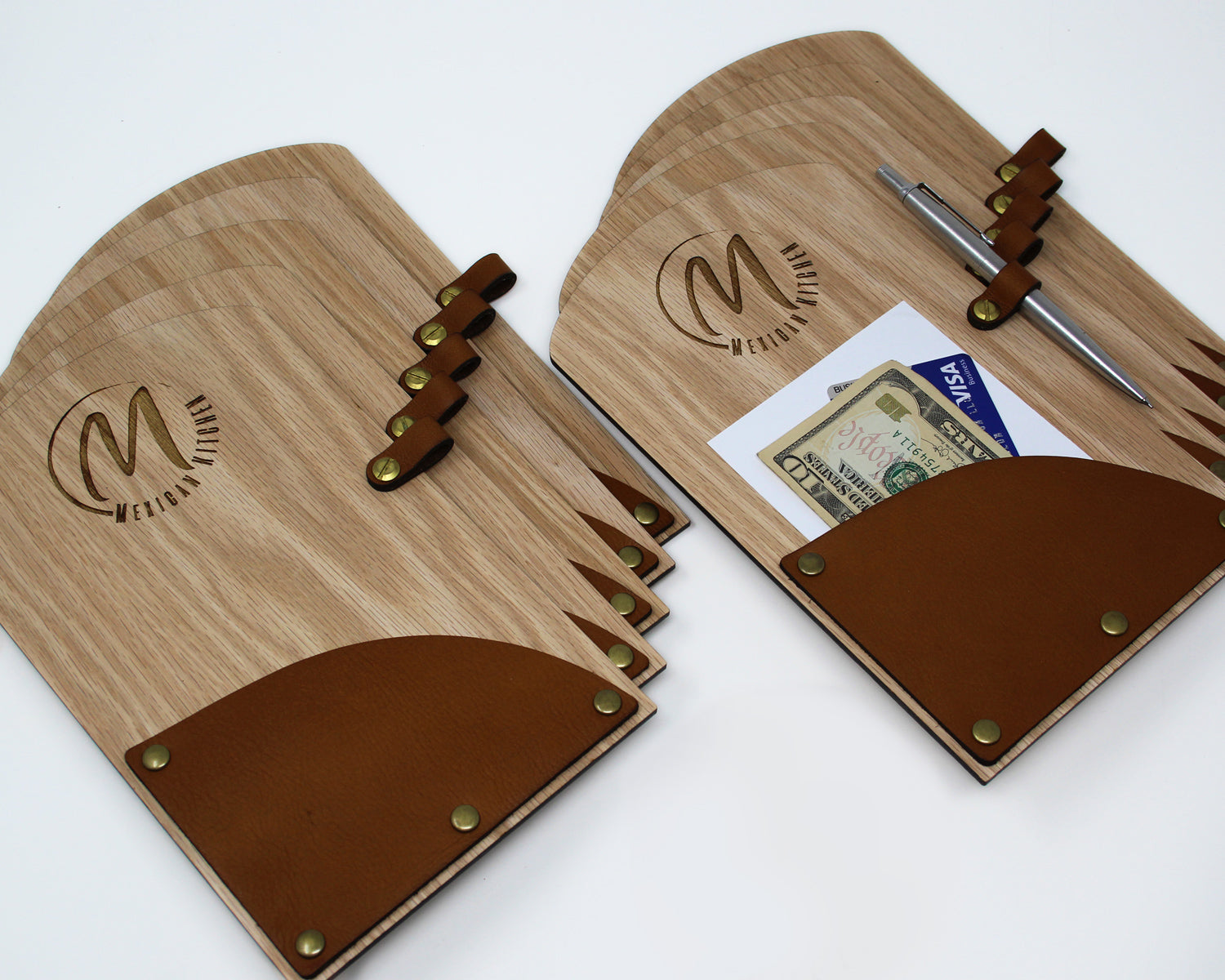 Restaurant Check Presenter Oak Wood With Genuine Leather Pocket