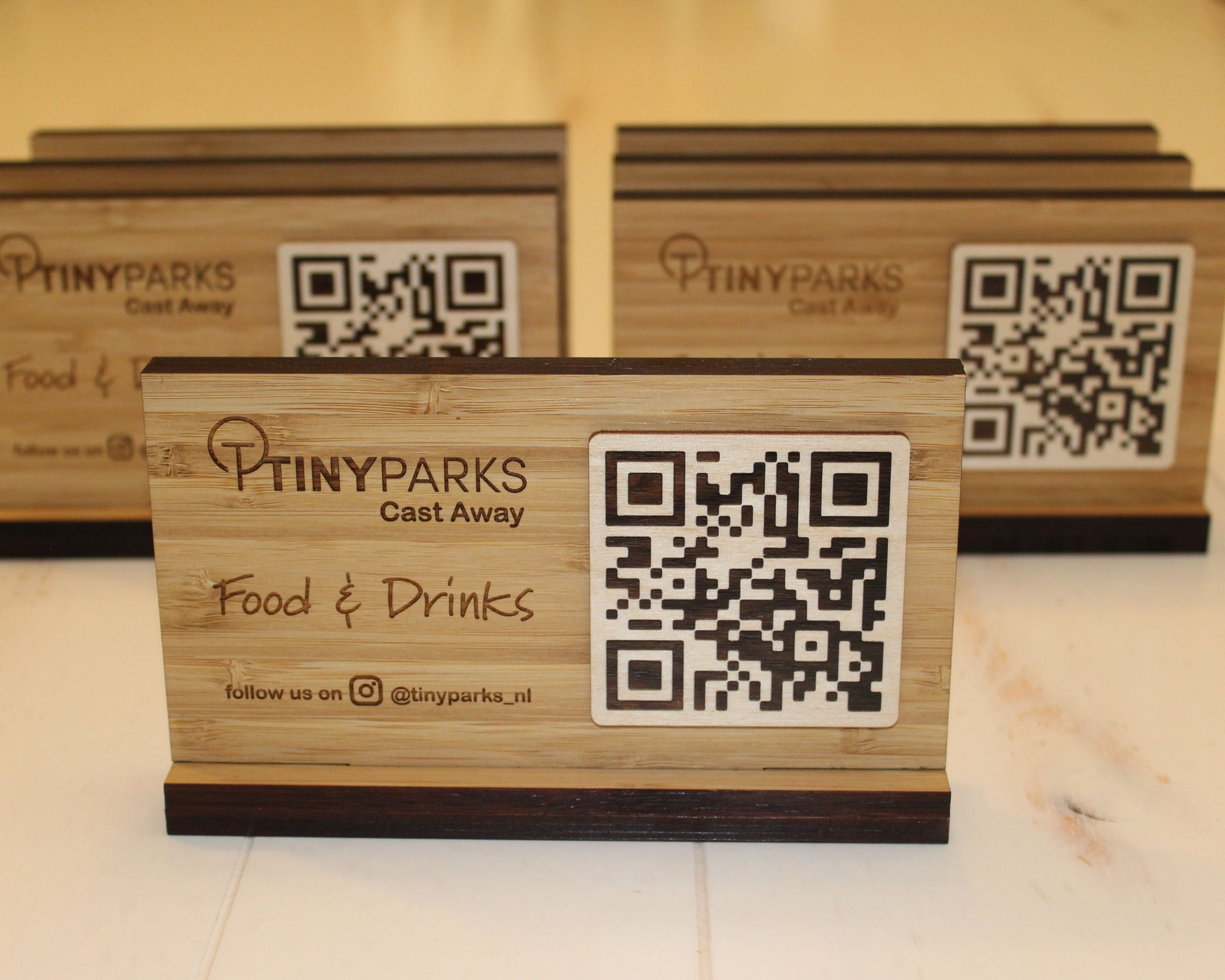 Eco-friendly bamboo QR menu sign for restaurant table
