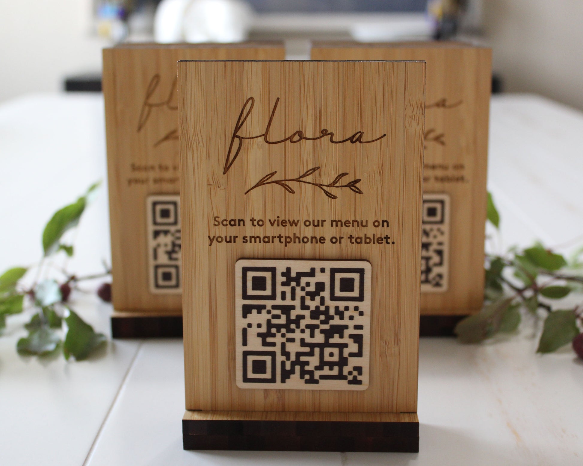 Bamboo QR code menu sign with custom engraving