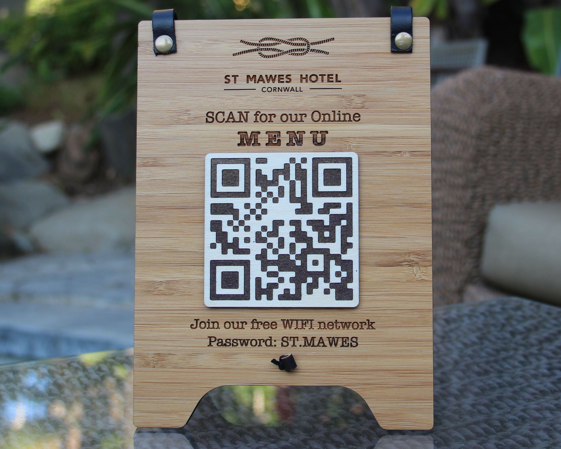 Tented Bamboo sign with QR code and text, including WiFi network information.
