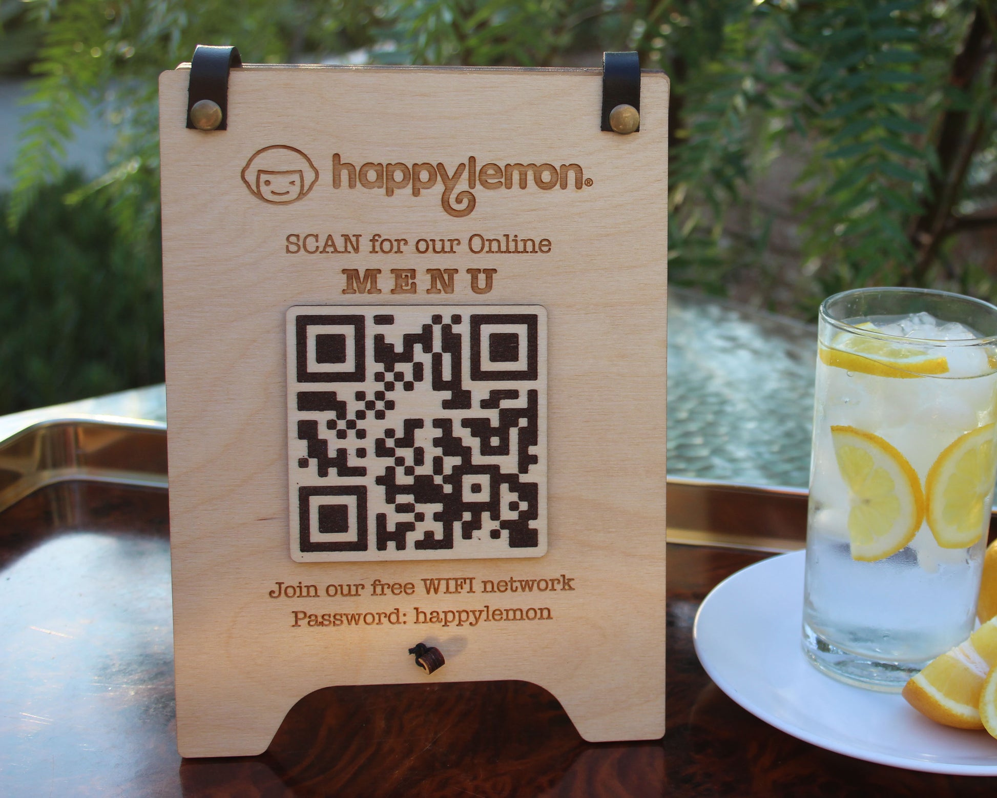Natural Birch Tented QR menu sign.