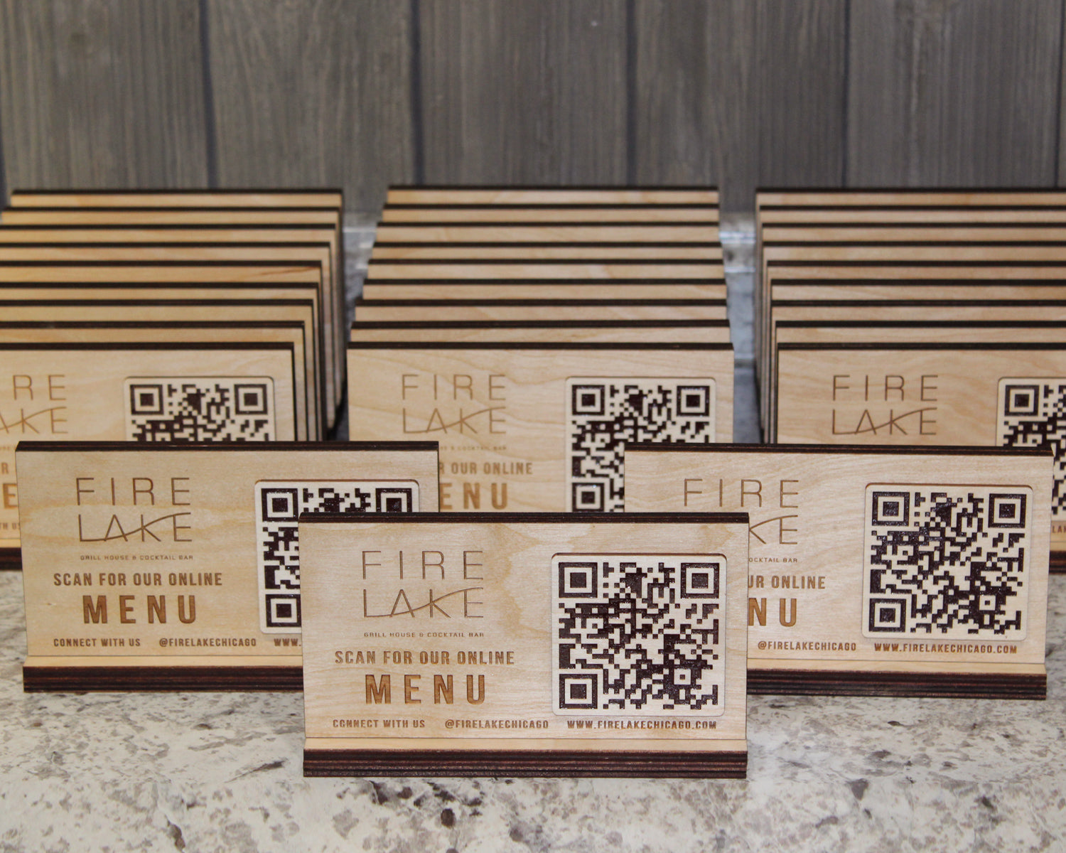 Birch plywood QR code menu sign with engraved logo