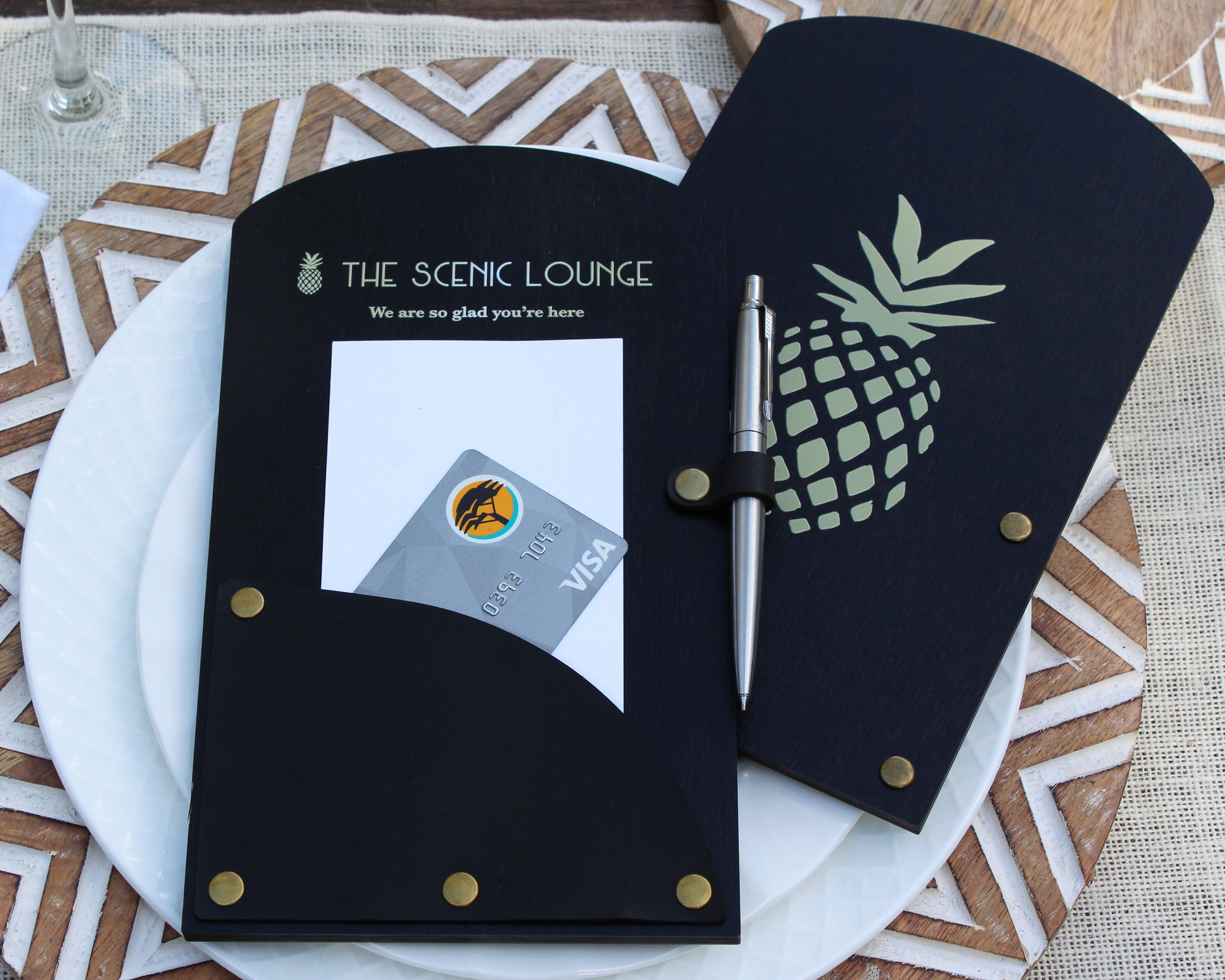 UV printed logo on black birch wood check presenter