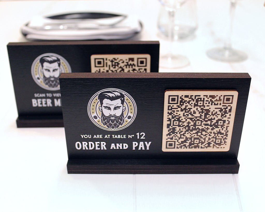 Handcrafted black birch QR code menu sign