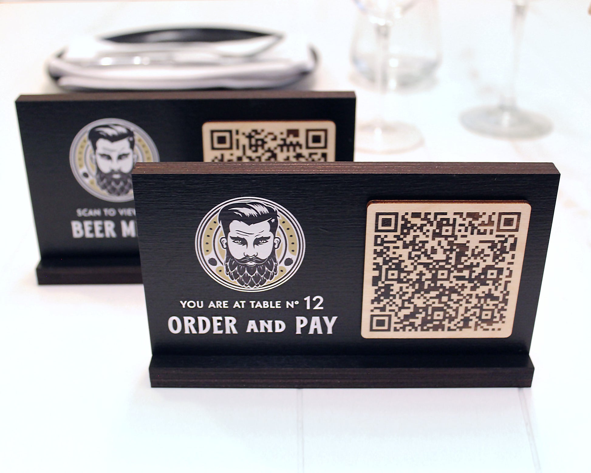 Handcrafted black birch QR code menu sign