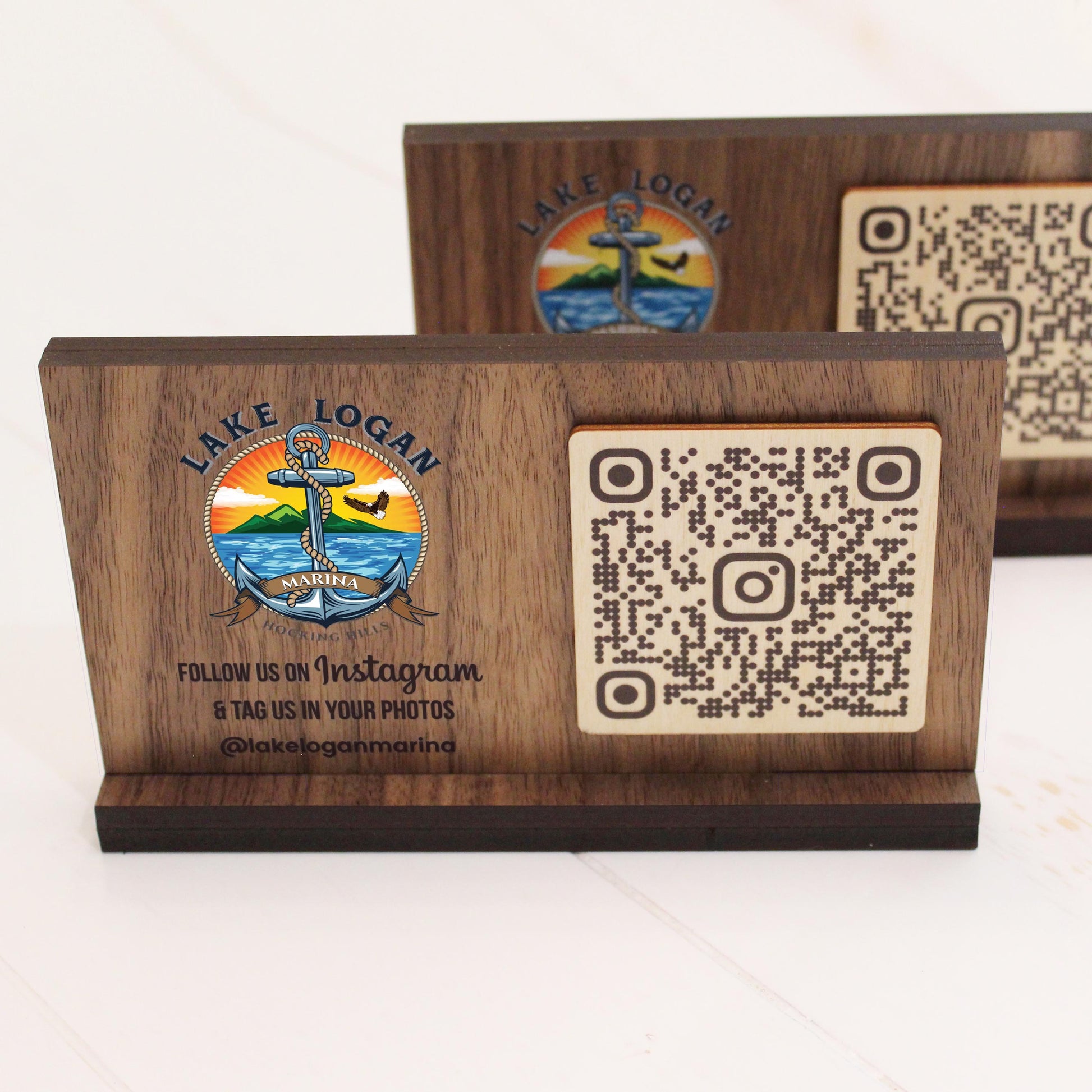 Tabletop walnut QR code menu sign for café or bar with full color logo