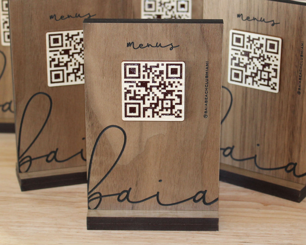Walnut QR code menu sign with engraved logo