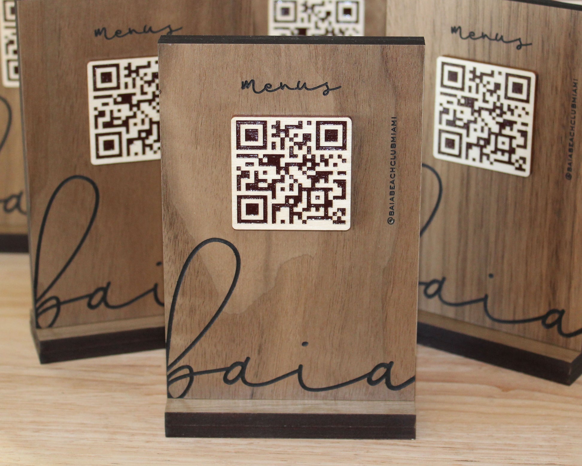 Walnut QR code menu sign with engraved logo
