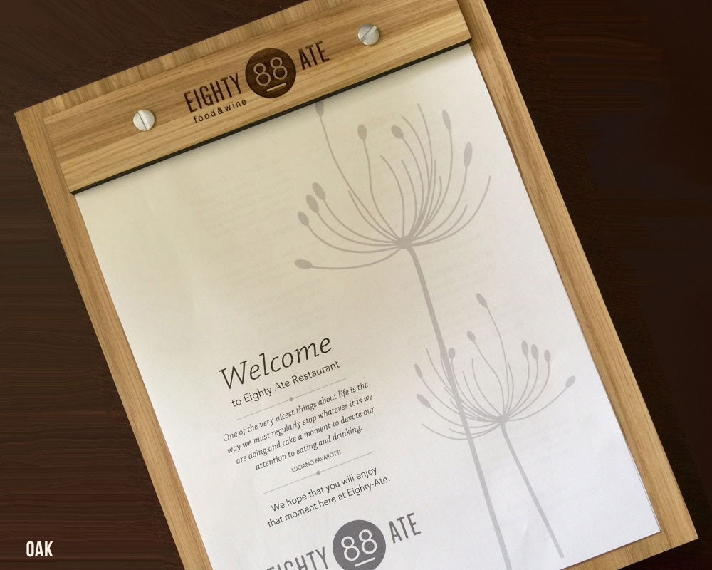A4 wooden menu display with engraved branding