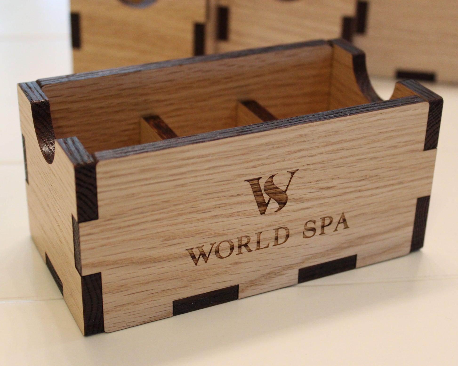 Engraved solid oak caddy for sugar and tea packets