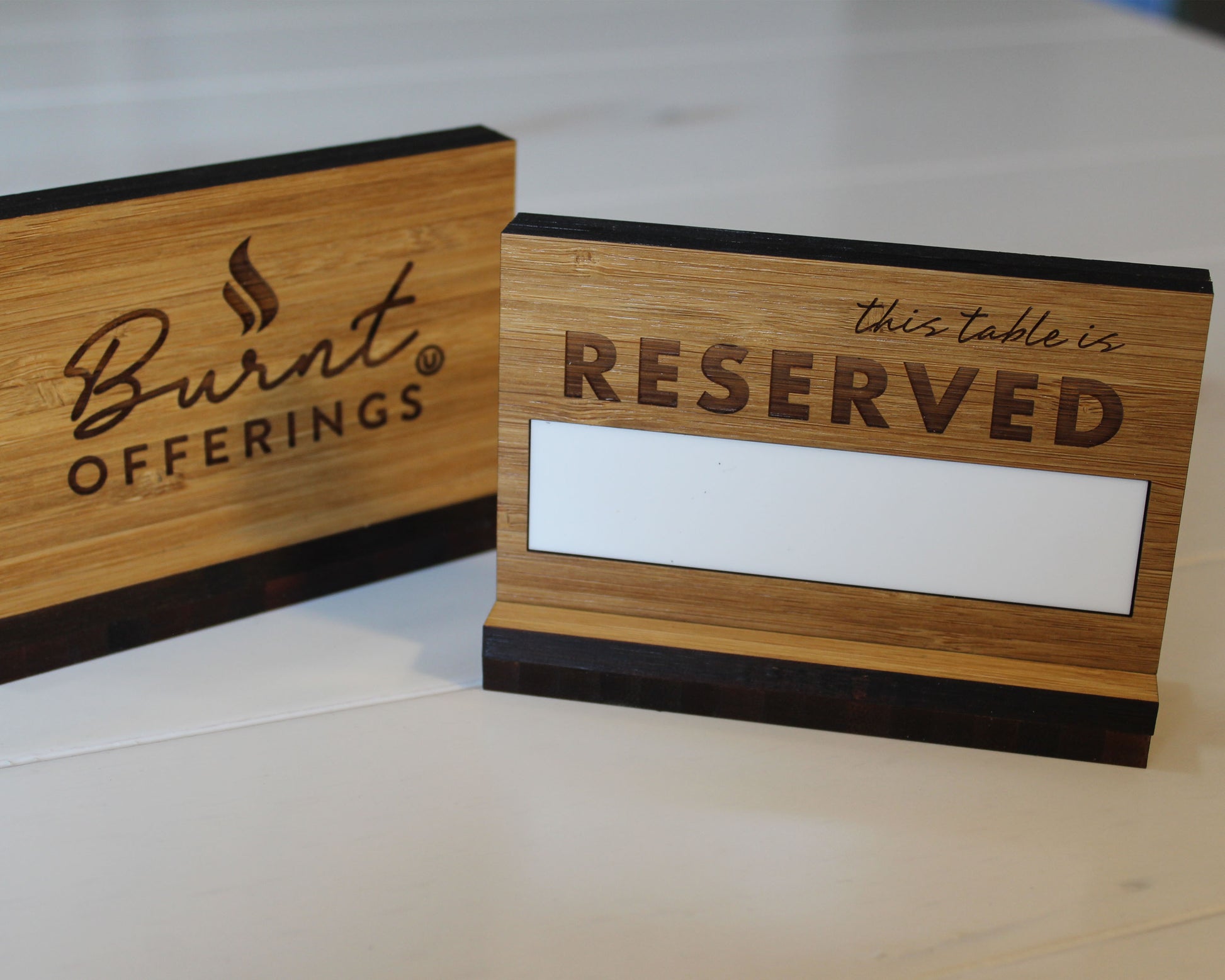 Eco-friendly bamboo table reserved sign with engraving