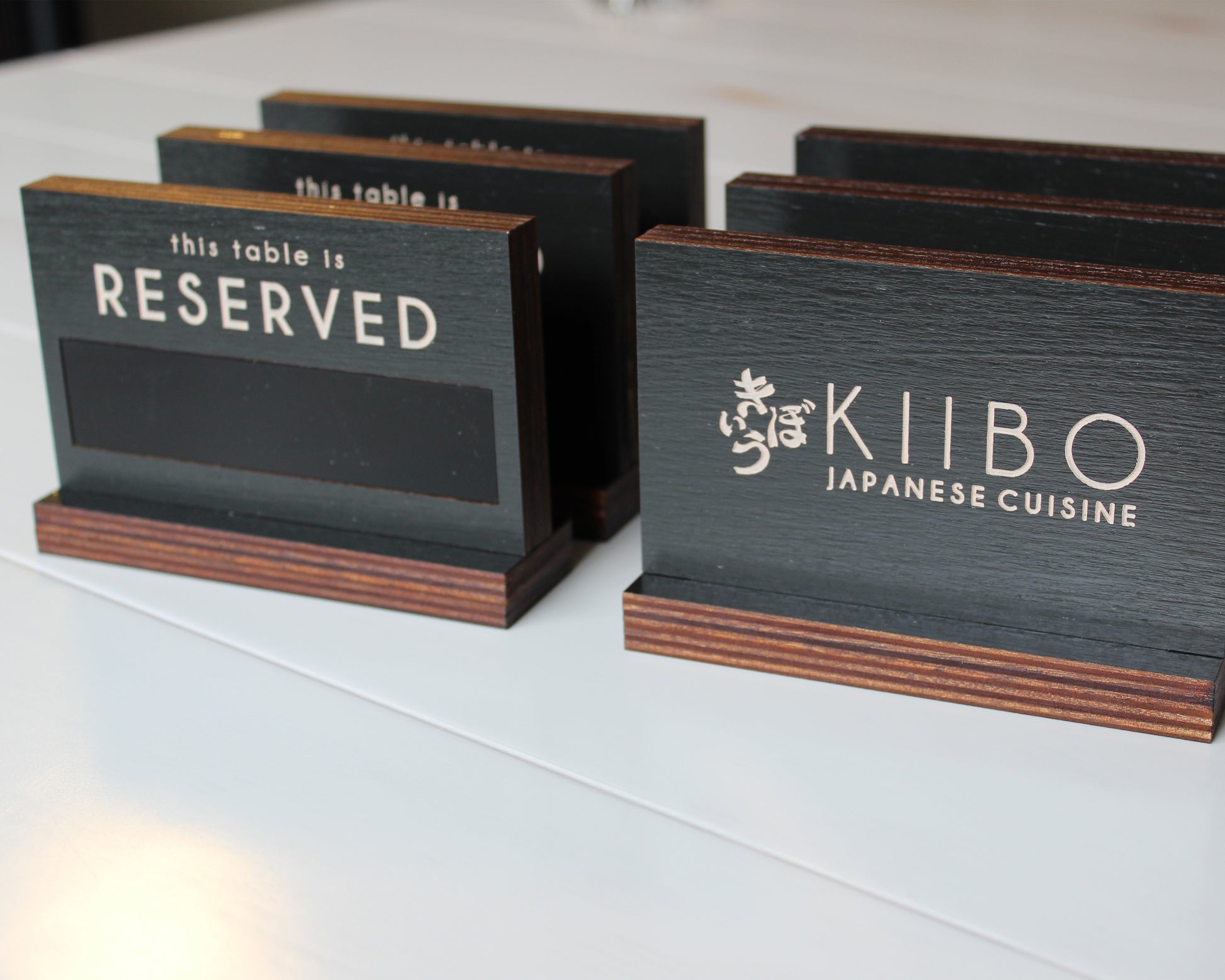 Black Stained Table Reserved Sign with Black Dry Erasable Panel 