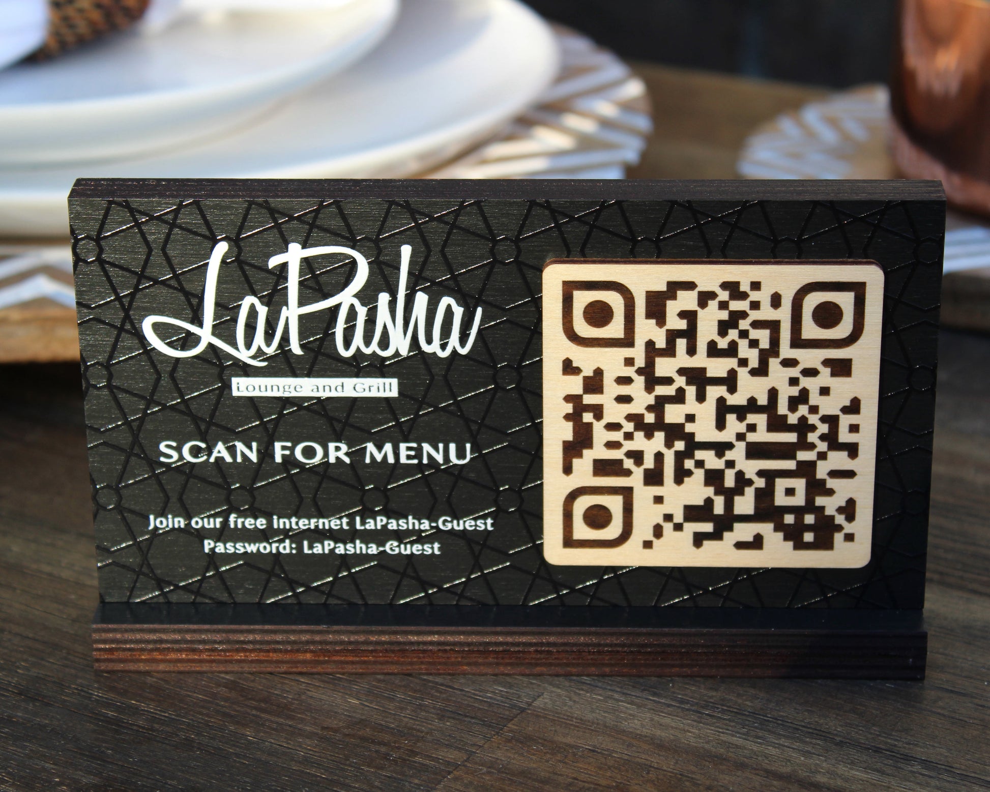 Restaurant tabletop QR code sign in black wood finish