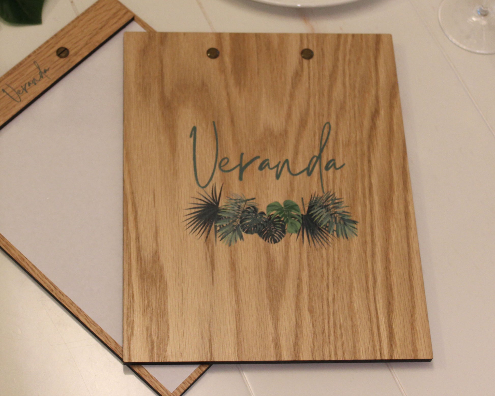 Letter size oak menu holder with UV printed logo