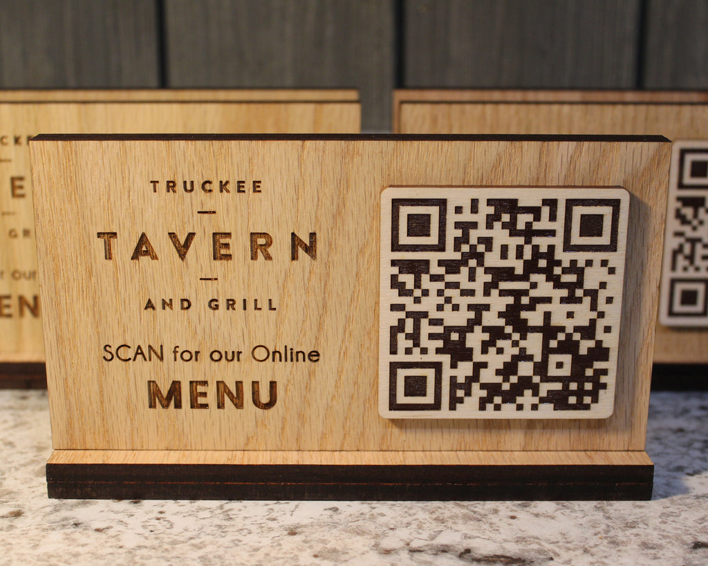 Custom oak QR code menu sign with engraved logo