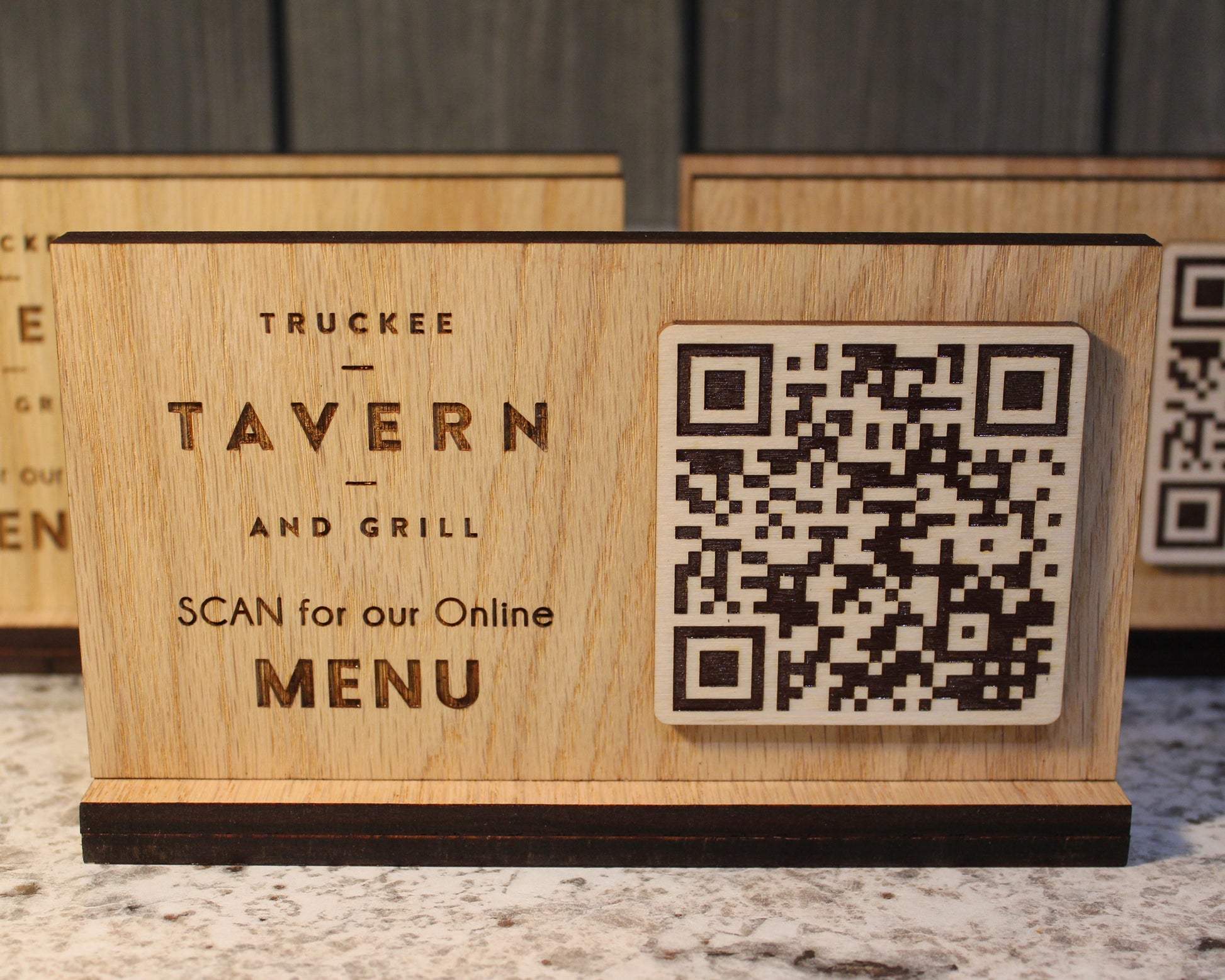 Custom oak QR code menu sign with engraved logo