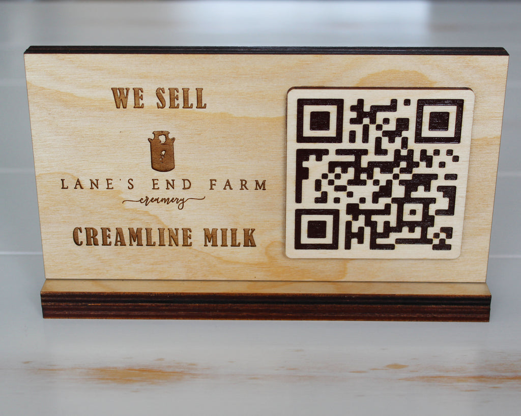 Engraved birch wood QR code sign with scannable code
