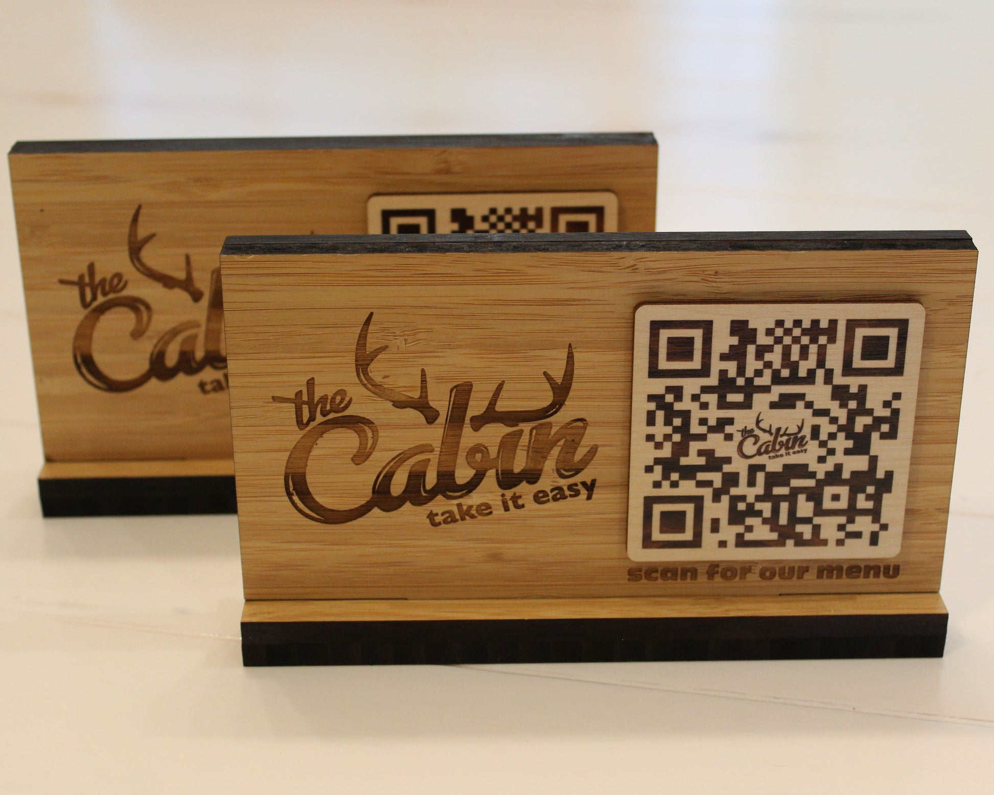 Sustainable bamboo QR sign with digital menu access
