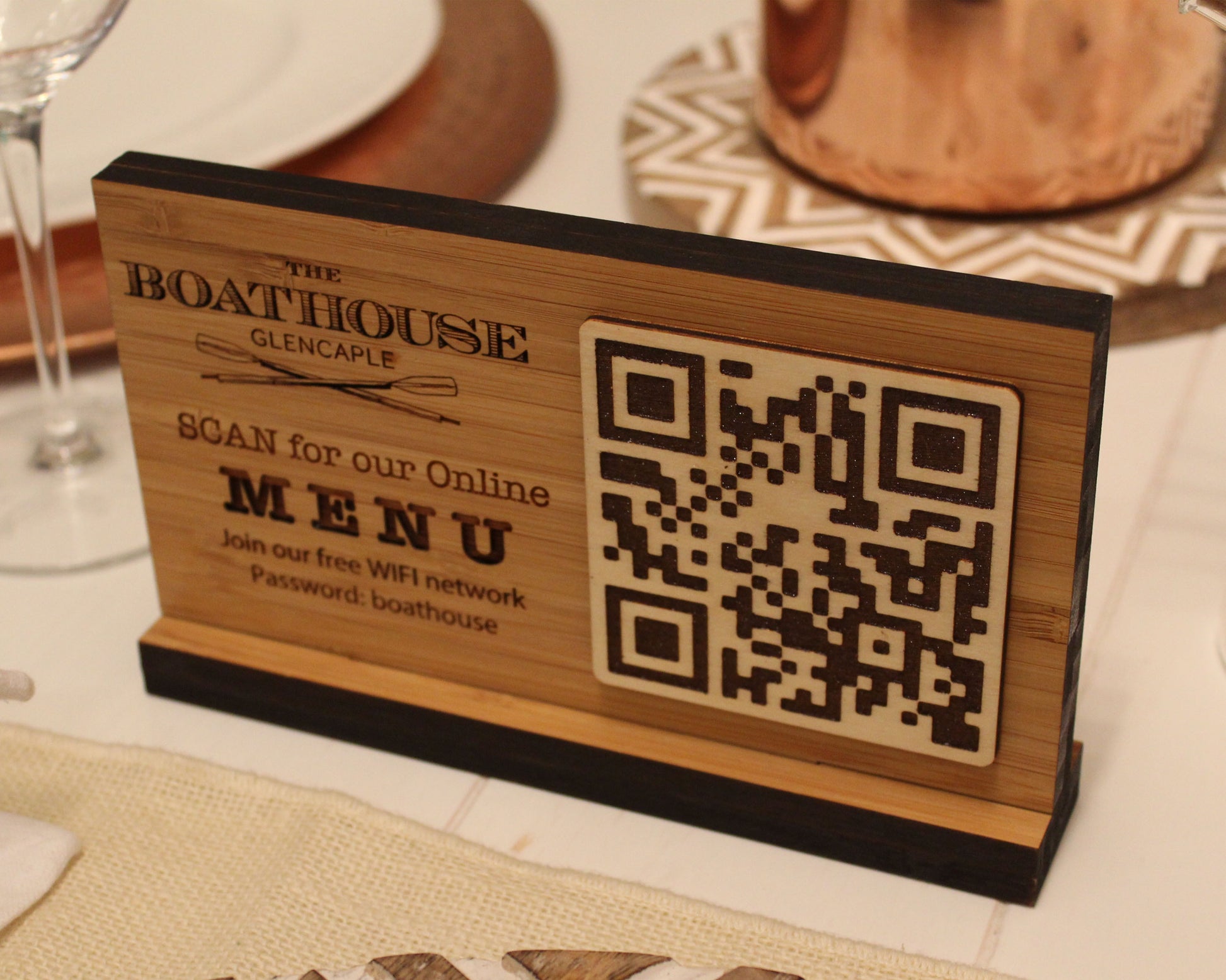 Solid bamboo QR code sign with custom engraved logo