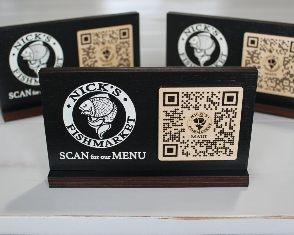 Handcrafted black birch QR code menu sign
