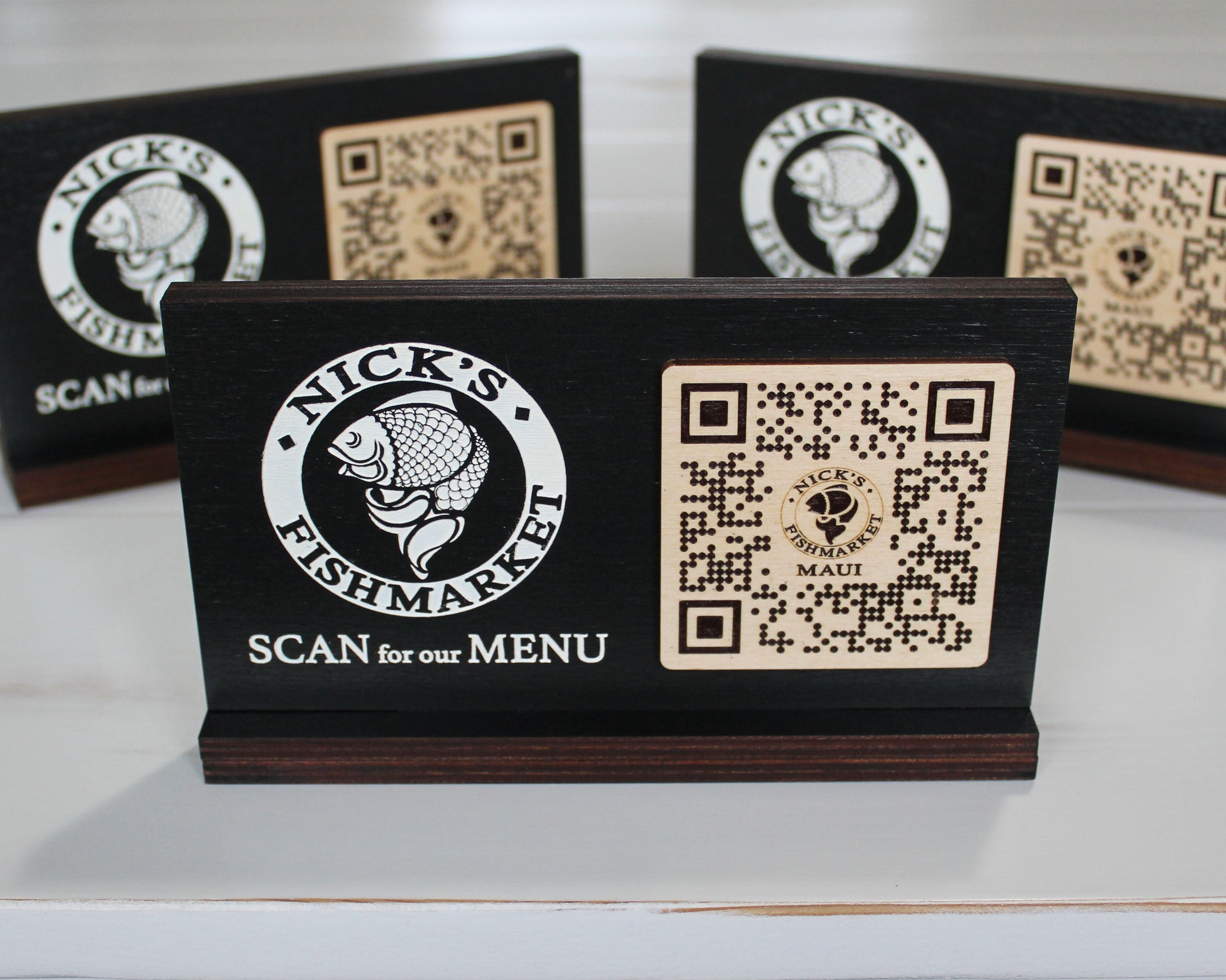 Handcrafted black birch QR code menu sign