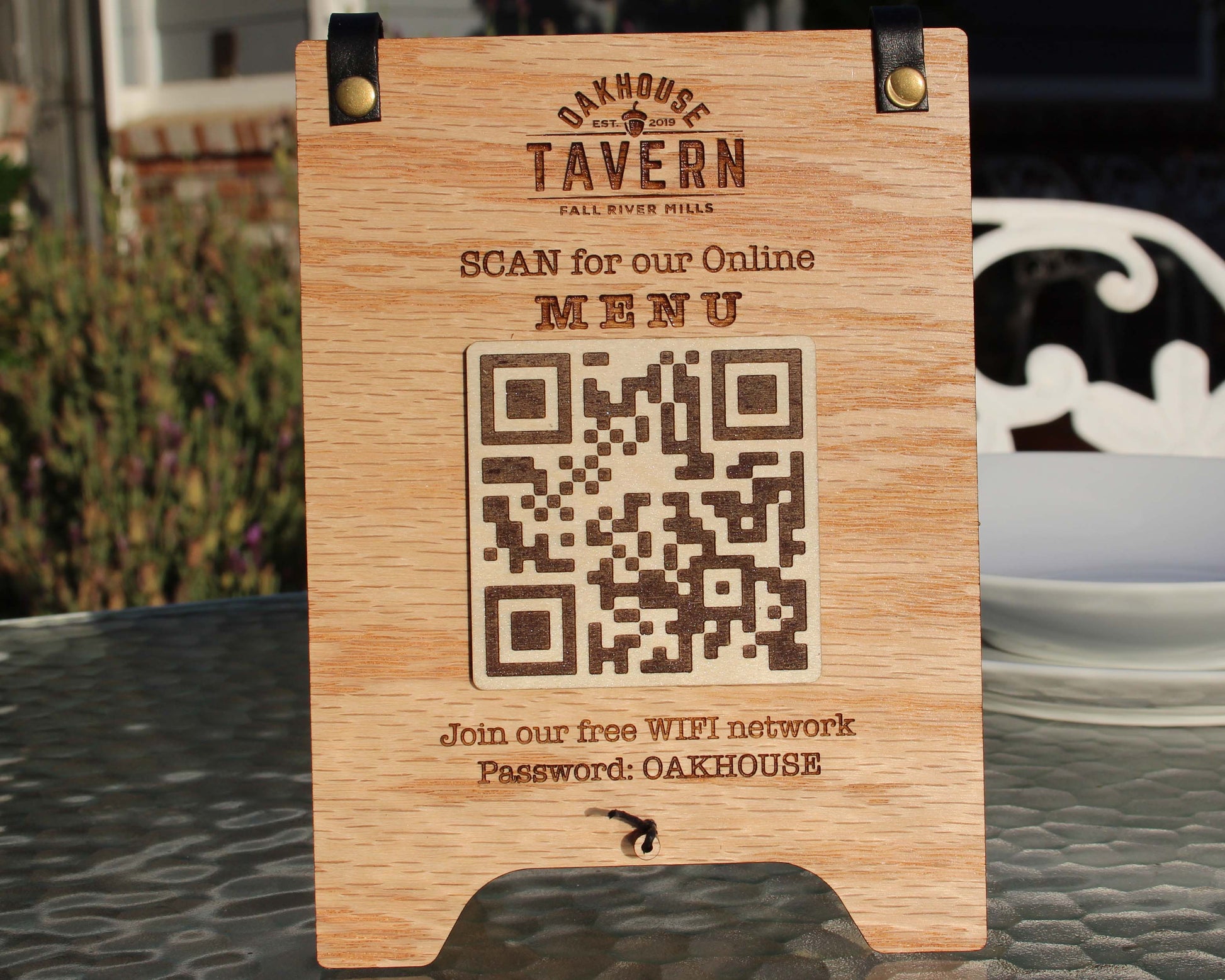 Wooden menu sign with QR code and text