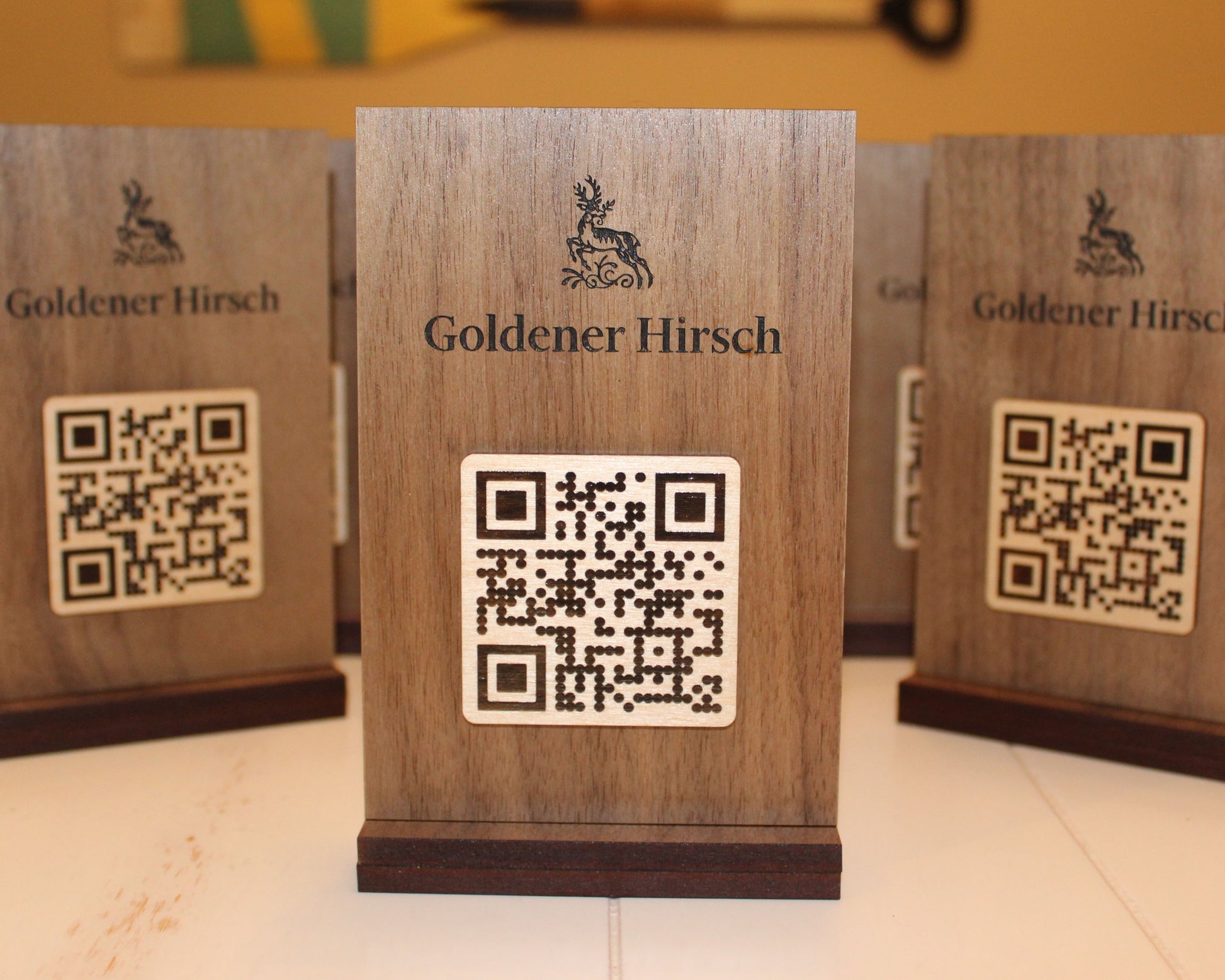 Walnut QR code menu sign with custom engraving