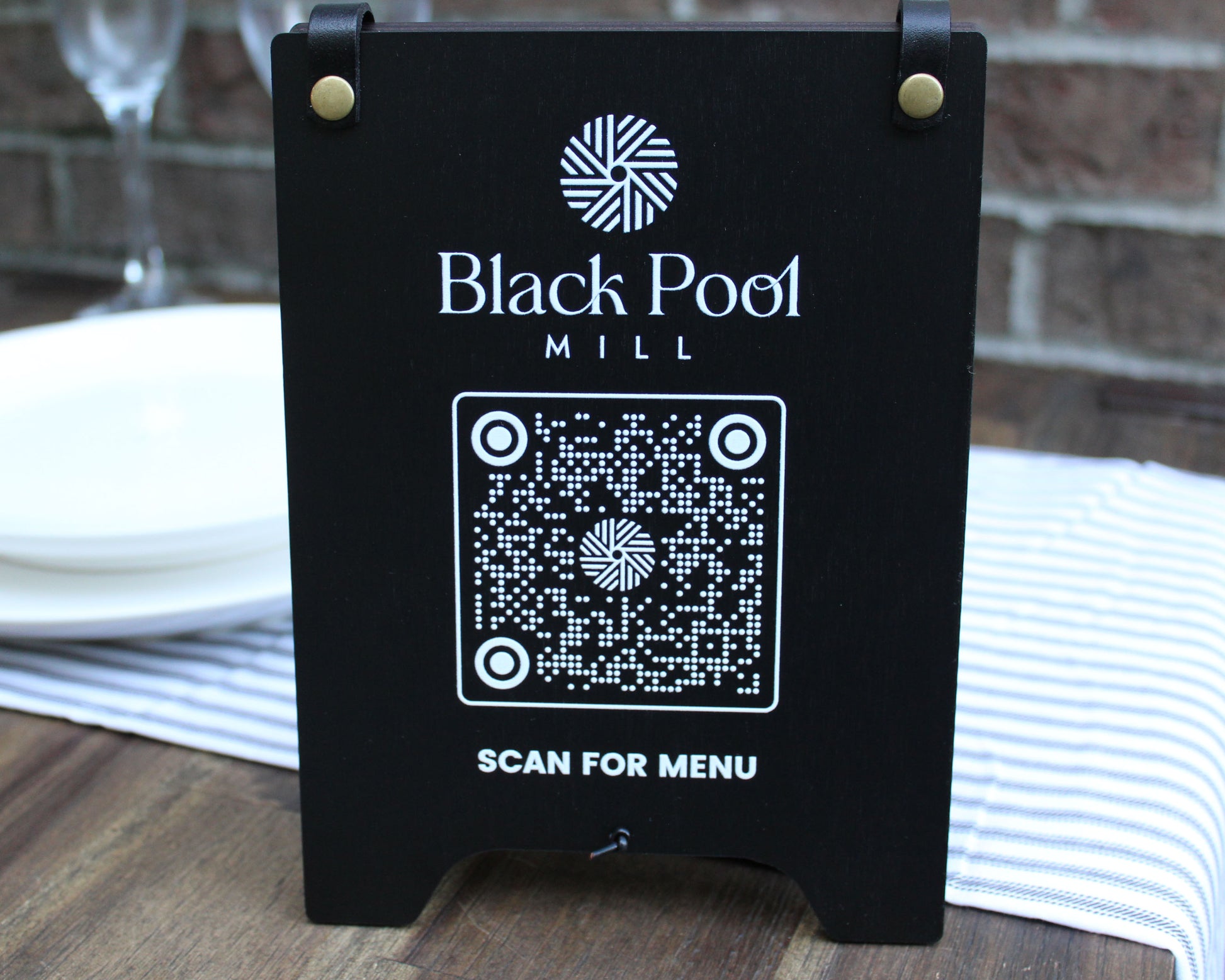 Trestle Style QR Menu Sign in Black Stained Birch
