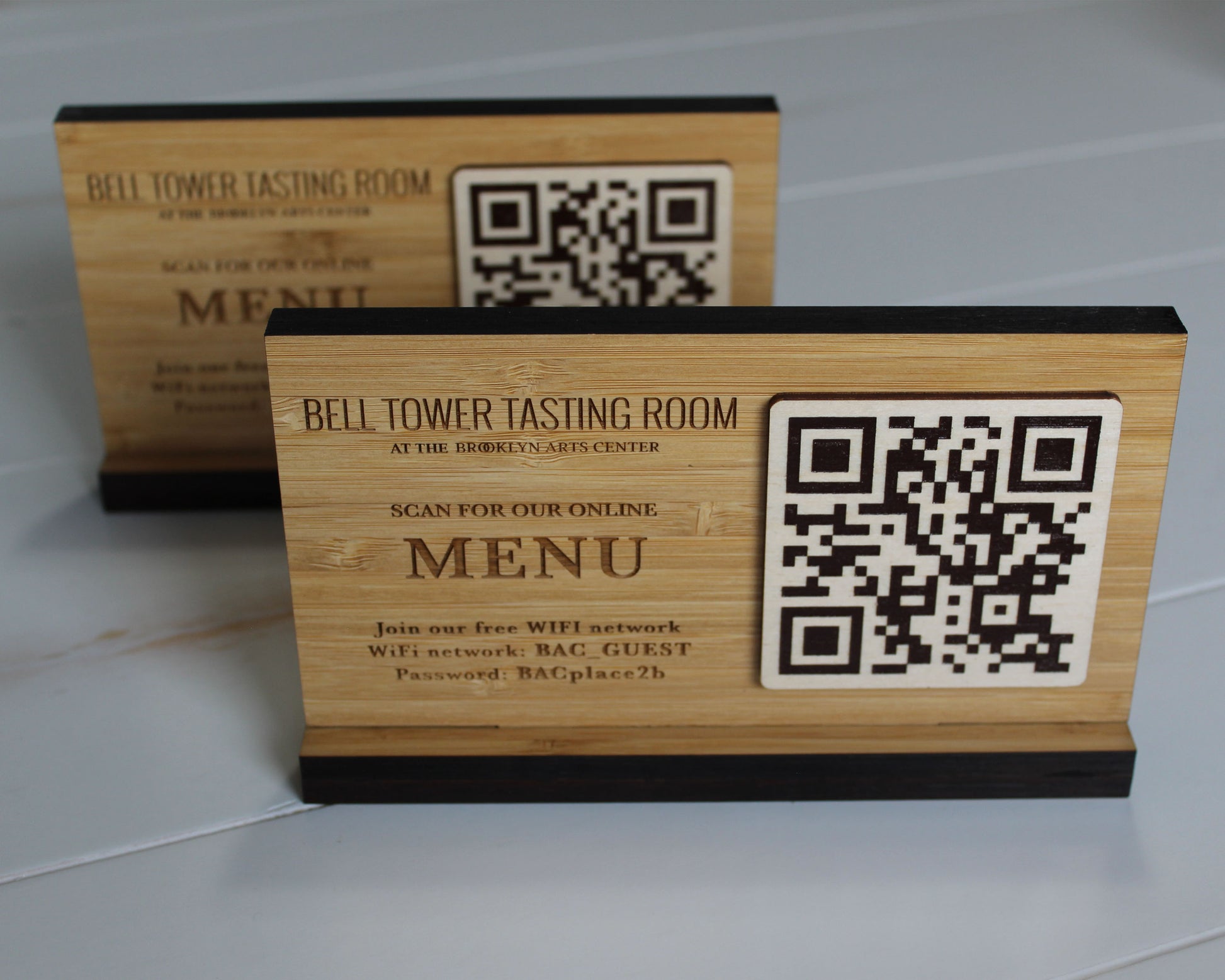 Custom bamboo tabletop QR code holder for cafés and bars