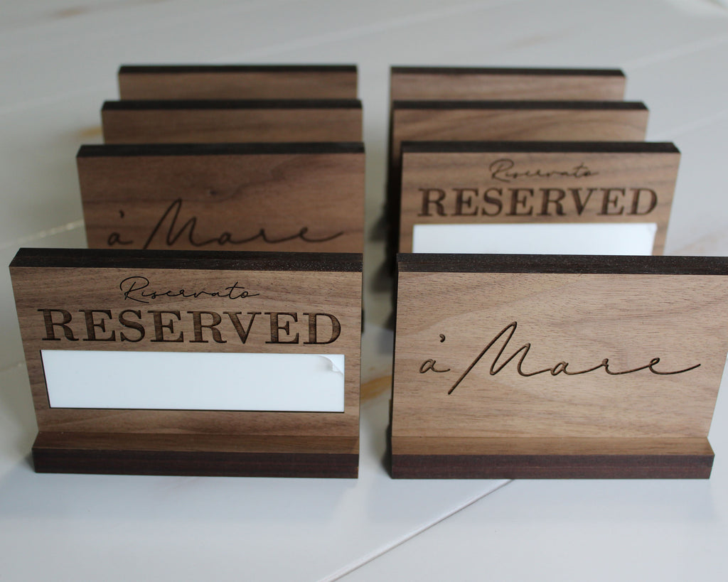 Reusable reserved sign in walnut wood with logo