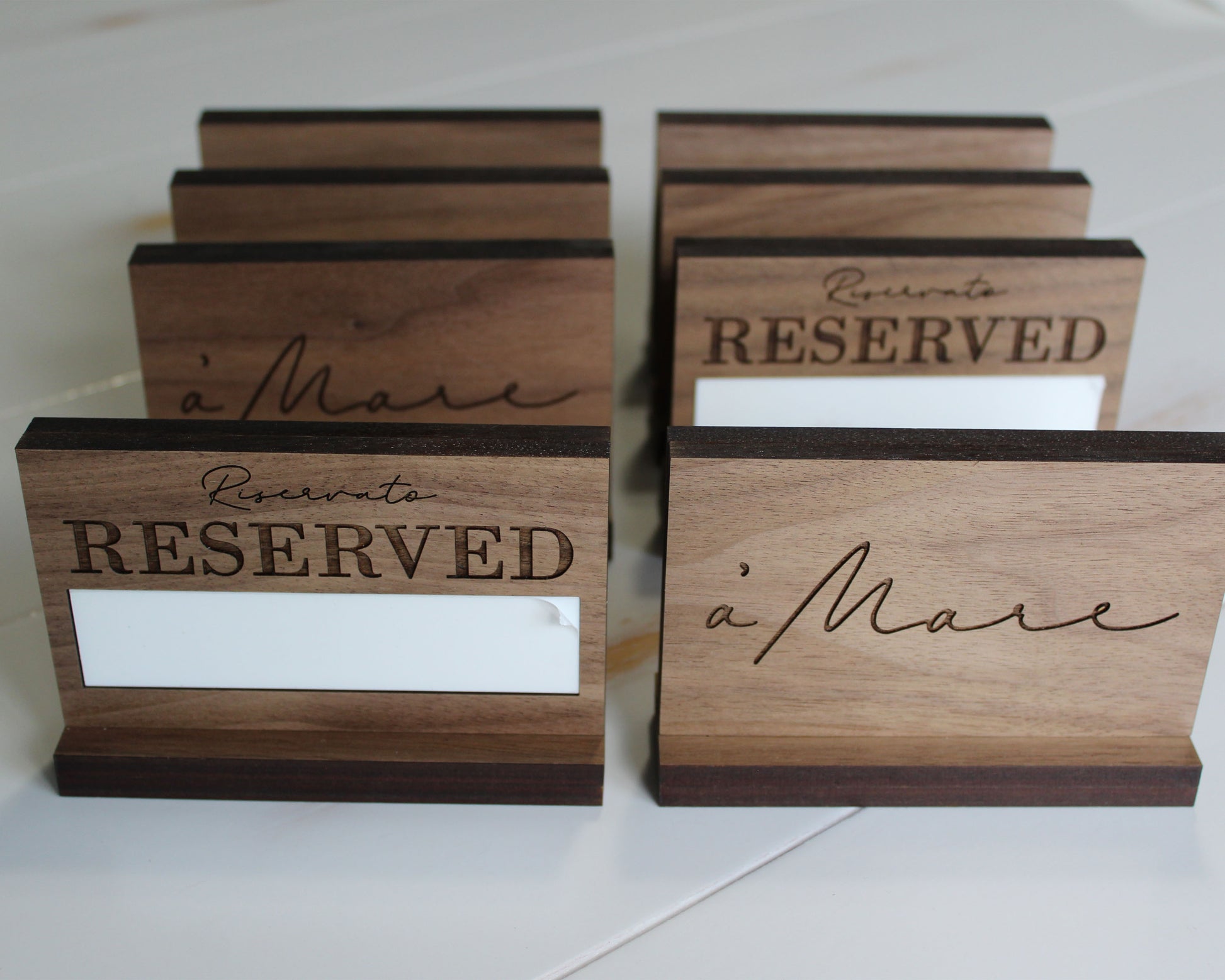 Reusable reserved sign in walnut wood with logo