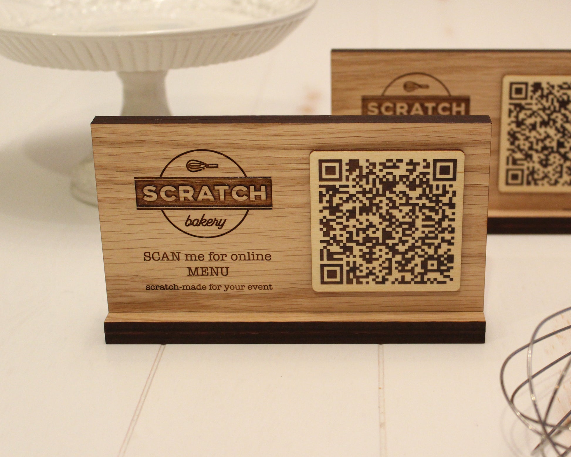 Double-sided oak QR code sign for touchless dining