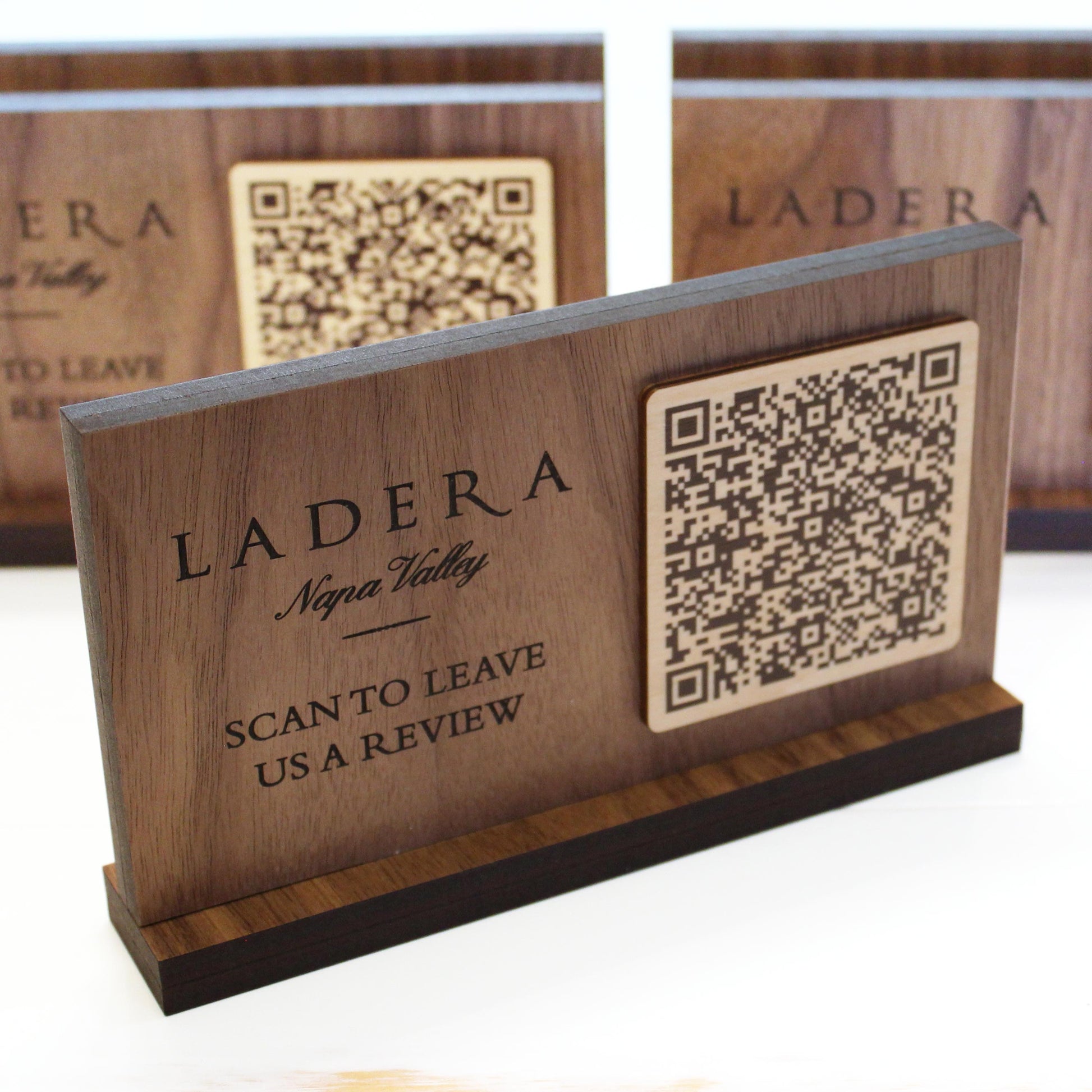 Laser engraved restaurant QR code sign on wood base