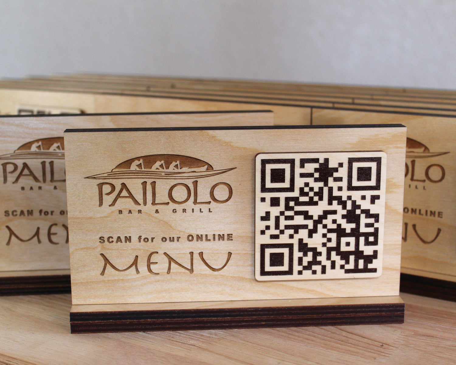 Restaurant contactless QR code display in birch
