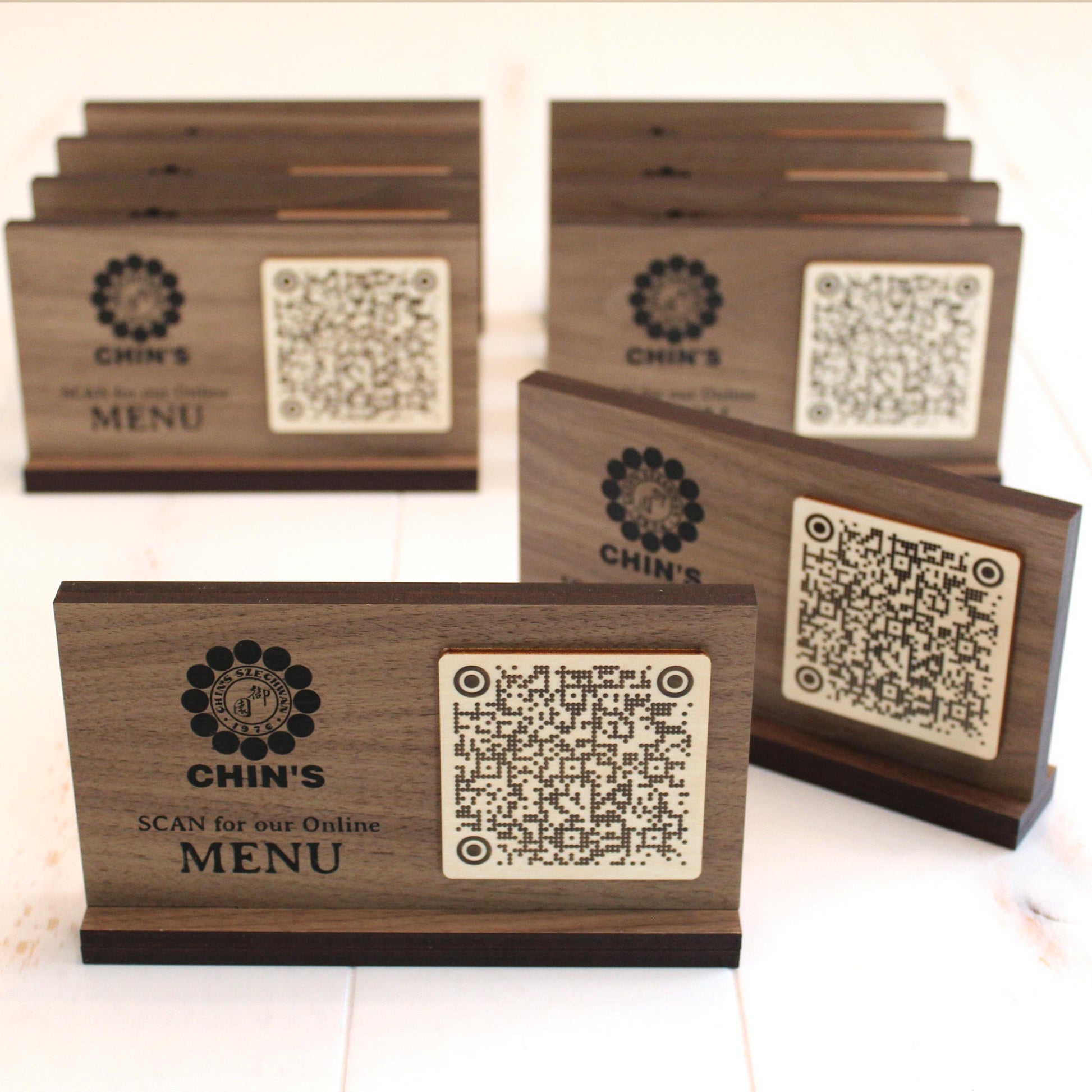 Double-sided engraved QR code sign for contactless menus