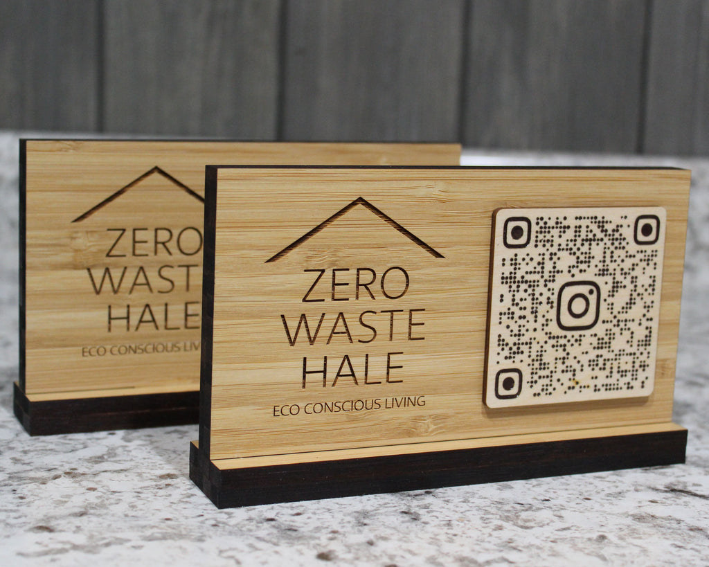 Solid bamboo QR code sign with custom engraved logo