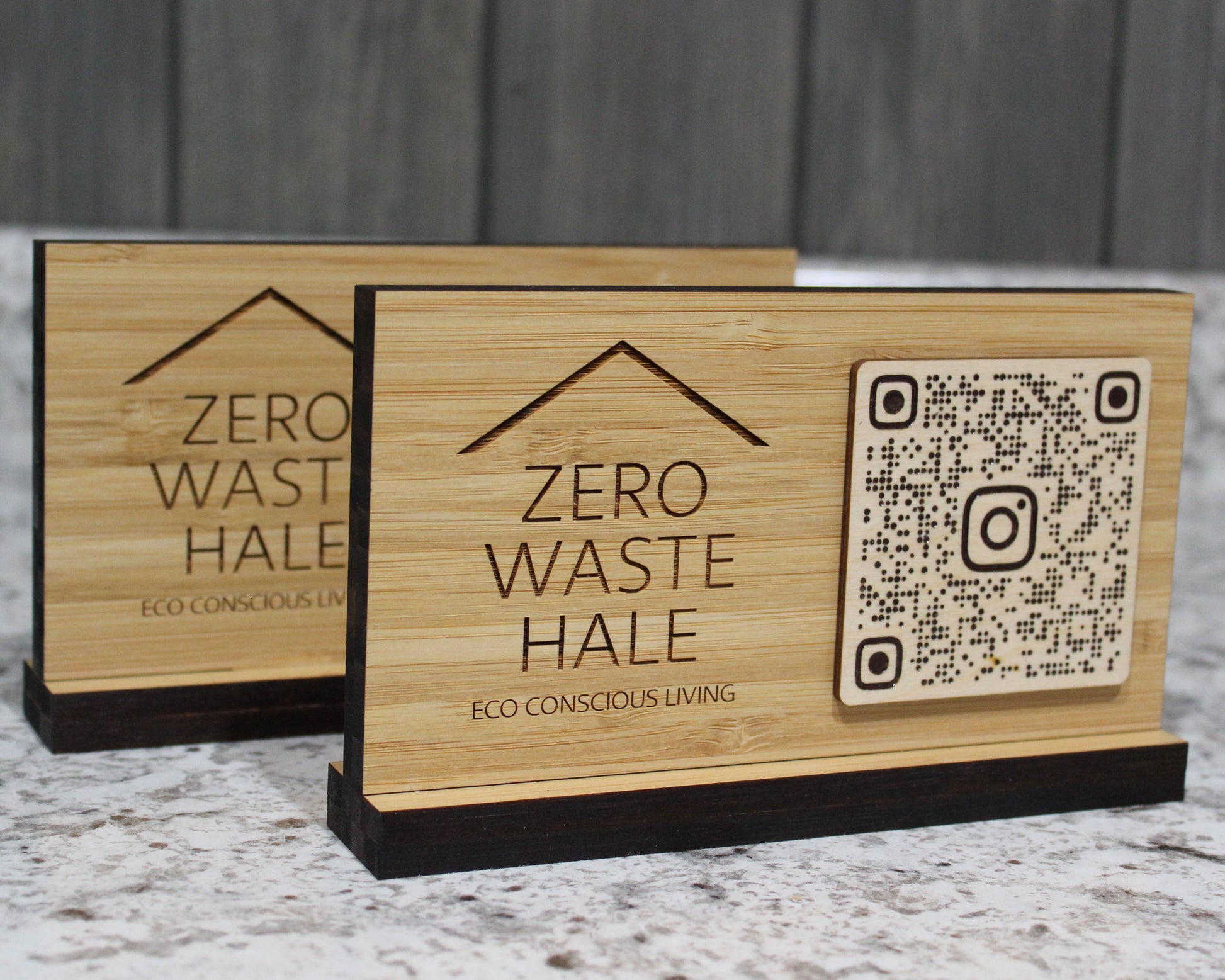 Solid bamboo QR code sign with custom engraved logo