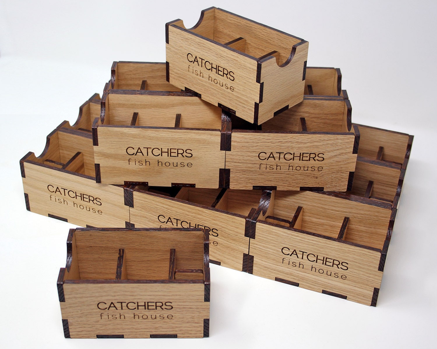 Engraved solid oak caddy for sugar and tea packets