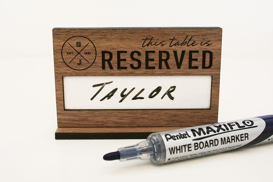 Reusable reserved sign in walnut wood with logo